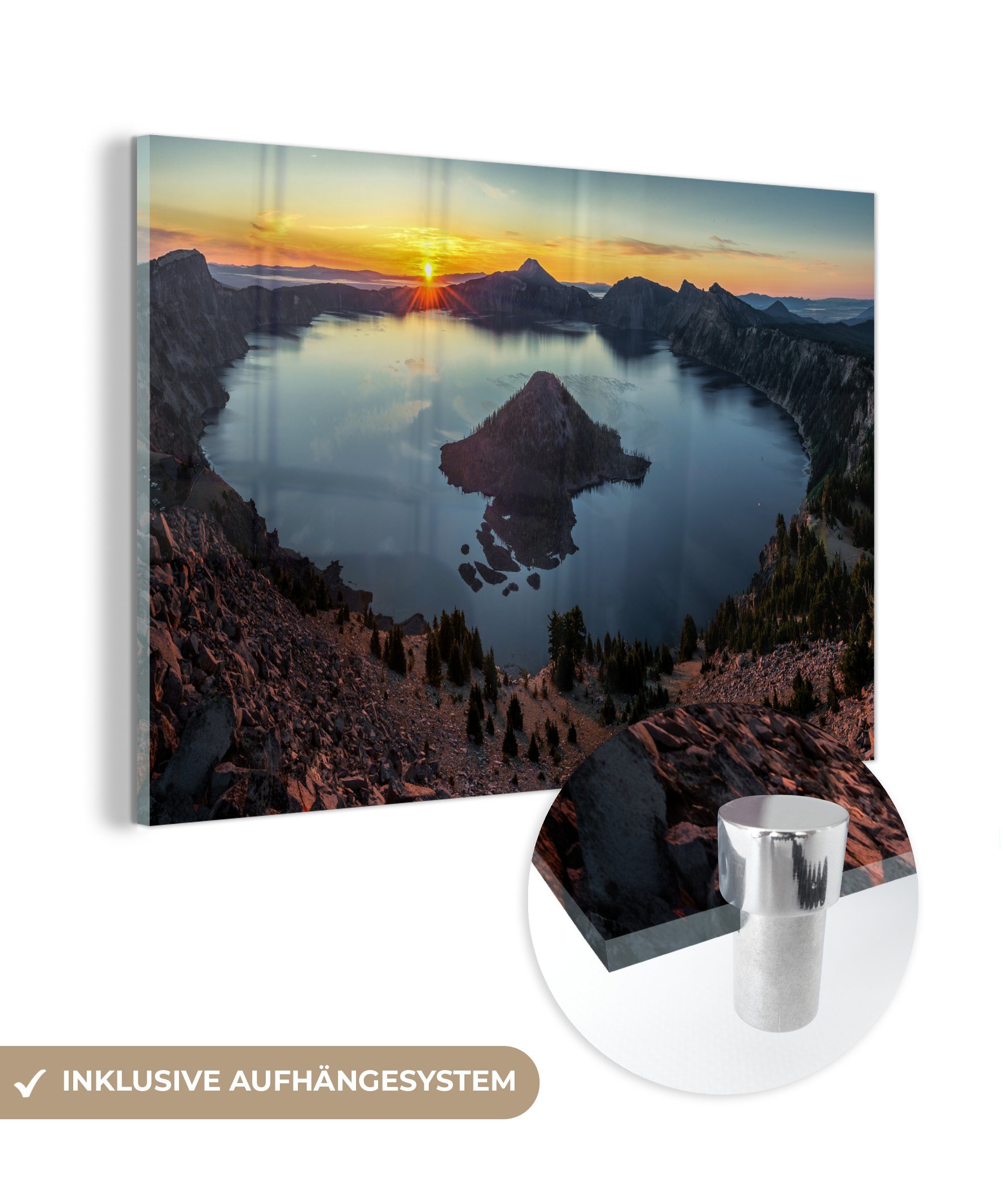 MuchoWow Acrylglasbild Sonnenuntergang im Crater Lake National Park in den USA, (1 St), Acrylglasbilder Wohnzimmer & Schlafzimmer