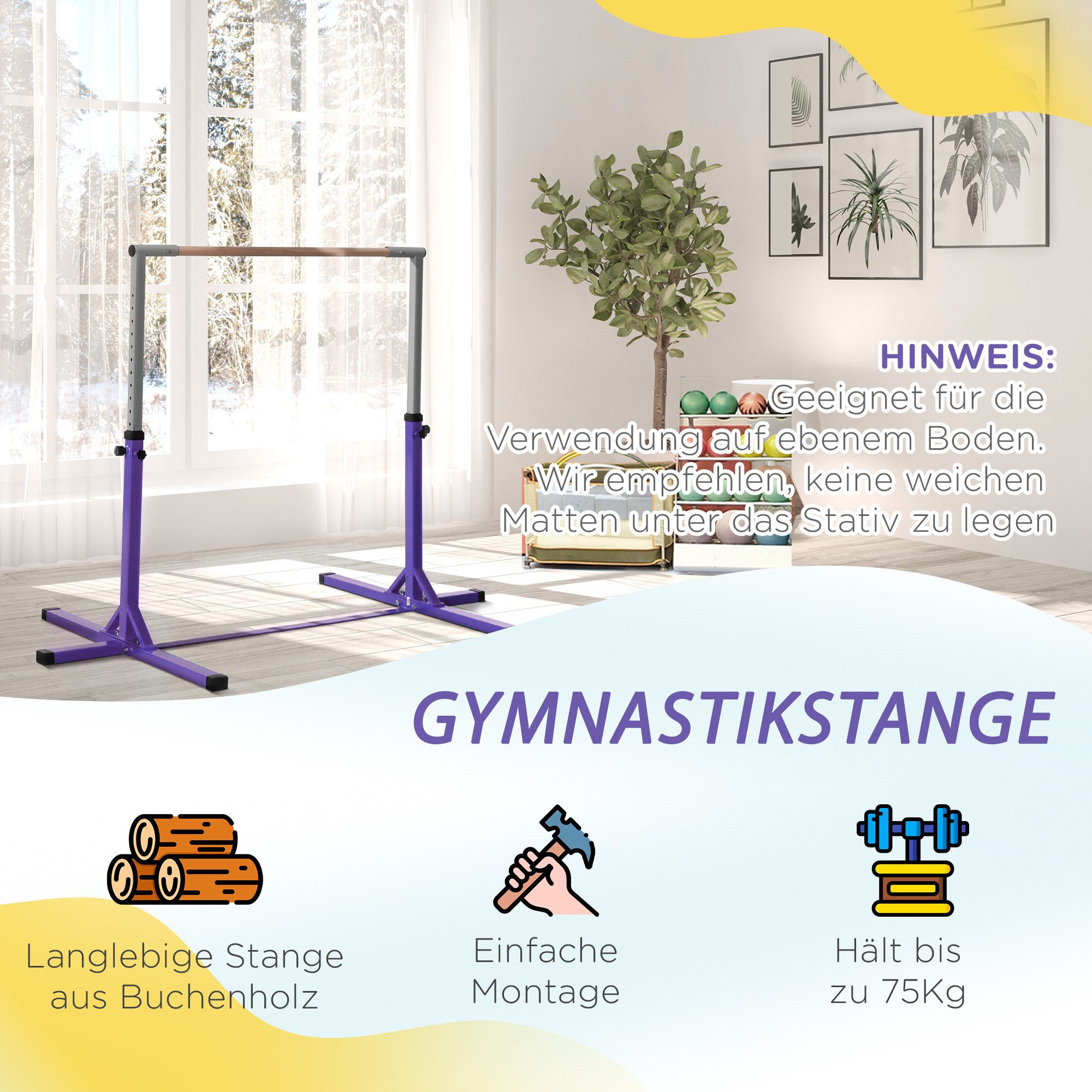 HOMCOM Turnreck Gymnastikstange höhenverstellbar Stahlkonstruktion bis 75 kg, (Turnstange aus Holz, 1-St., Reck), für 3+ Kinder, Indoor, Outdoor, Violett – Bild 5 von 5