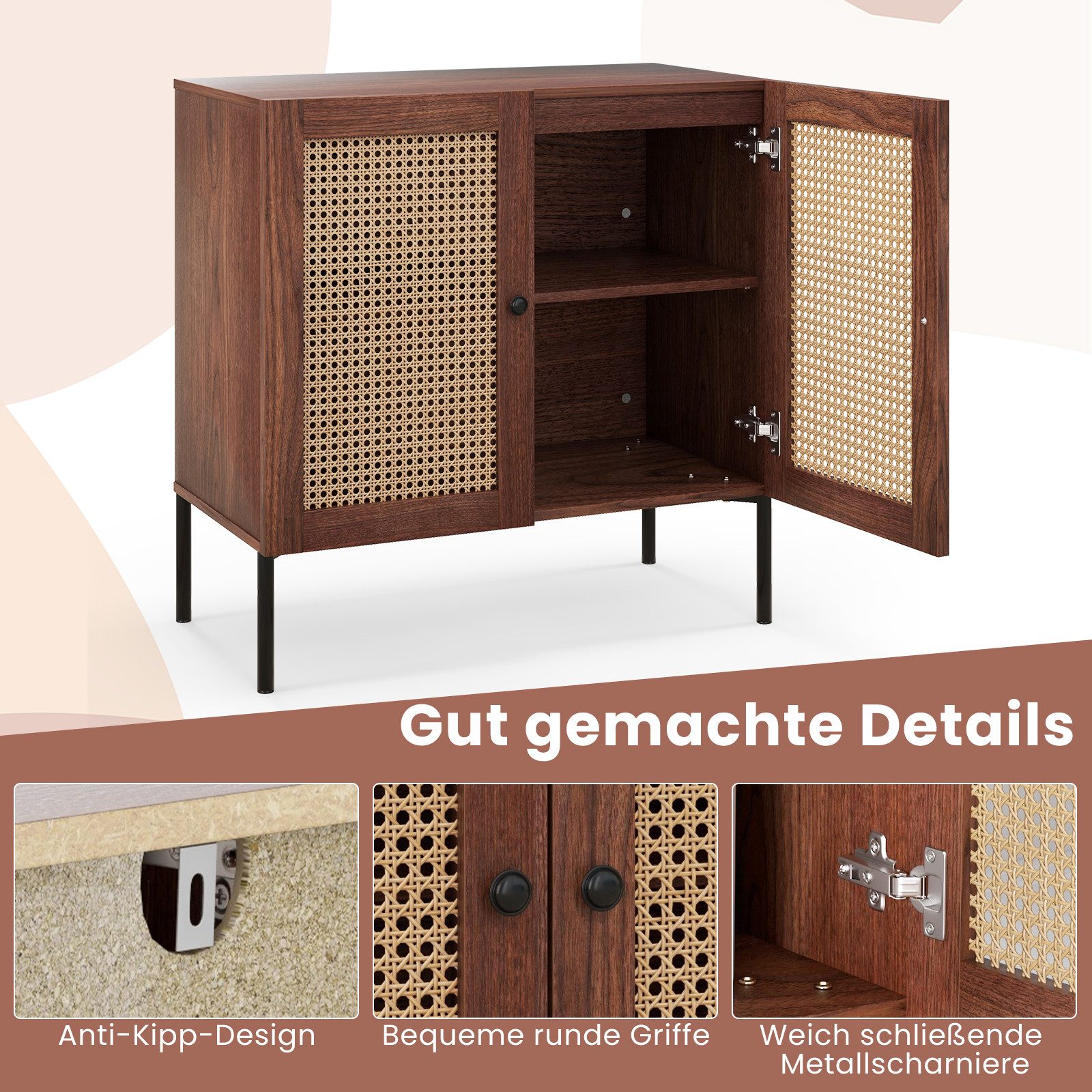 KOMFOTTEU Küchenbuffet Sideboard mit Rattantür & erhöhten Metallbeinen