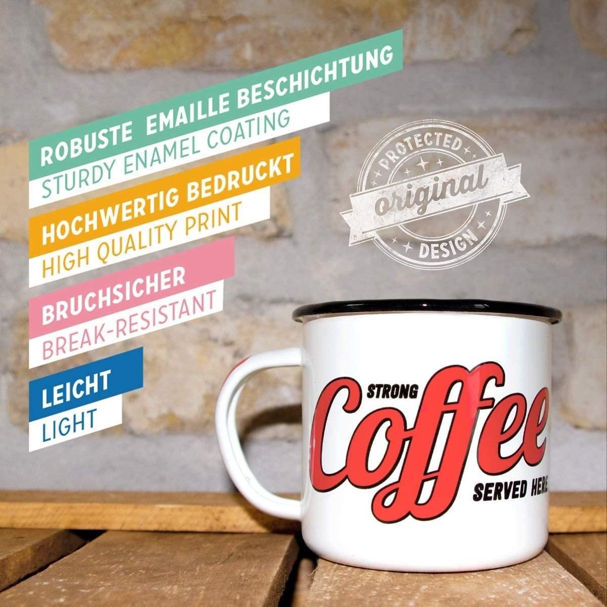 Nostalgic-Art Strong Word Tasse - Coffee Served Emaille-Becher Here - Up