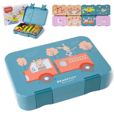 BEARFOOT Lunchbox Brotdose Kinder mit Fächern, Lunchbox, Bento box - Feuerwehr, handgezeichnete Designs, modular