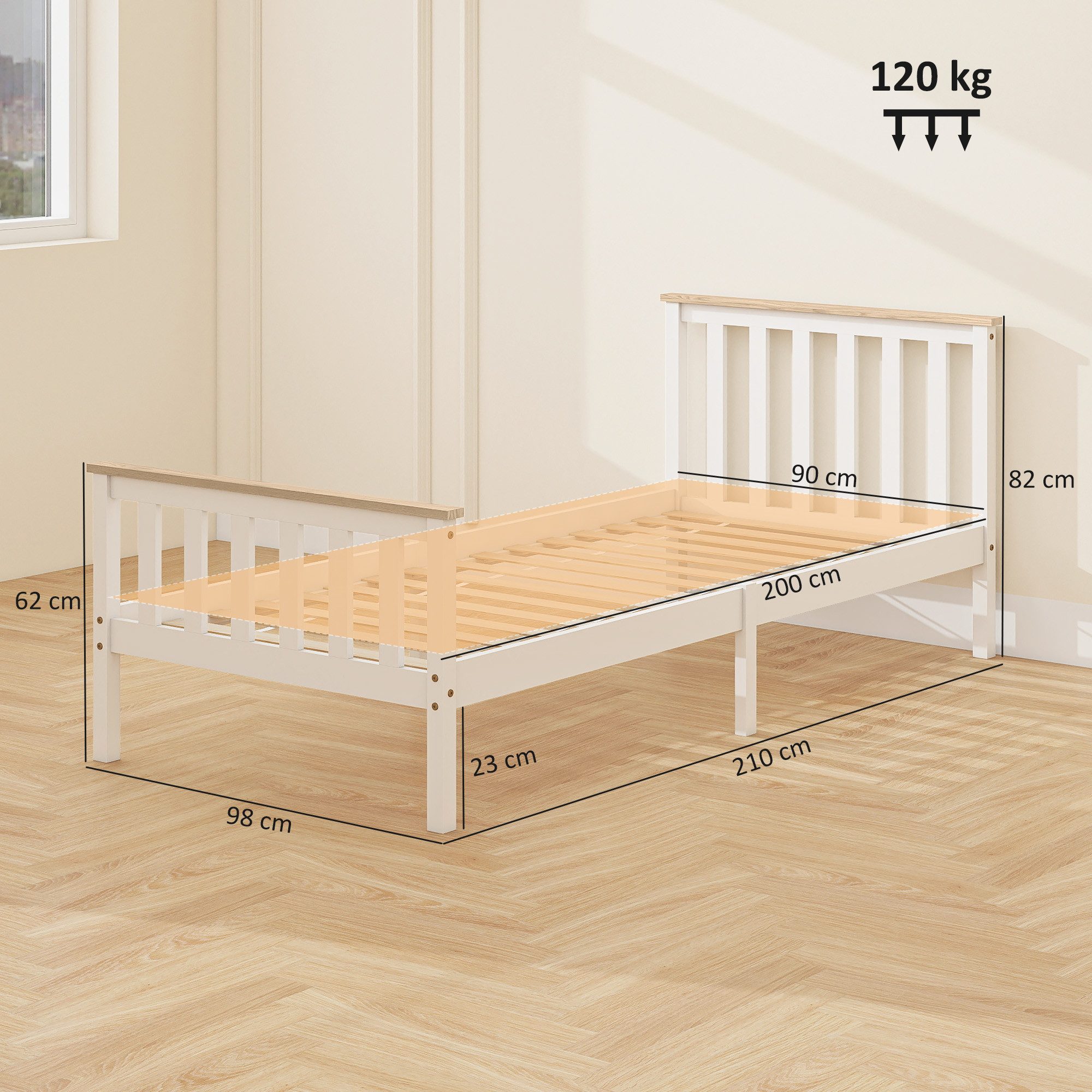 HOMCOM Bettgestell für Matratze 200 x 90 cm (Einzelbettrahmen, 1-tlg., Bettrahmen aus Holz), für Schlafzimmer, Weiß