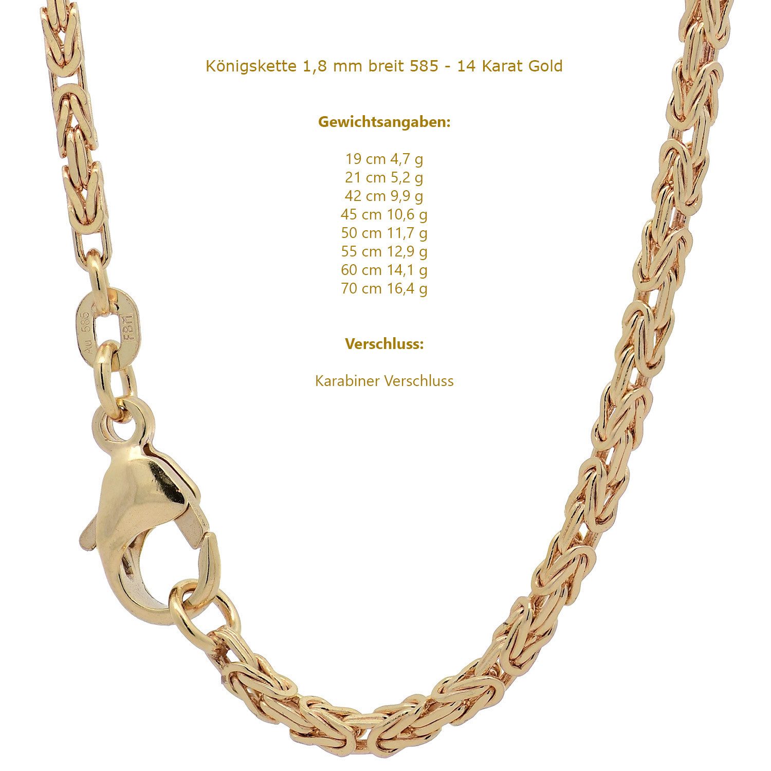 HOPLO Königskette Königskette Armkette Länge 19 cm - Breite 1,8 mm - 585-14 Karat Gold, Made in Germany