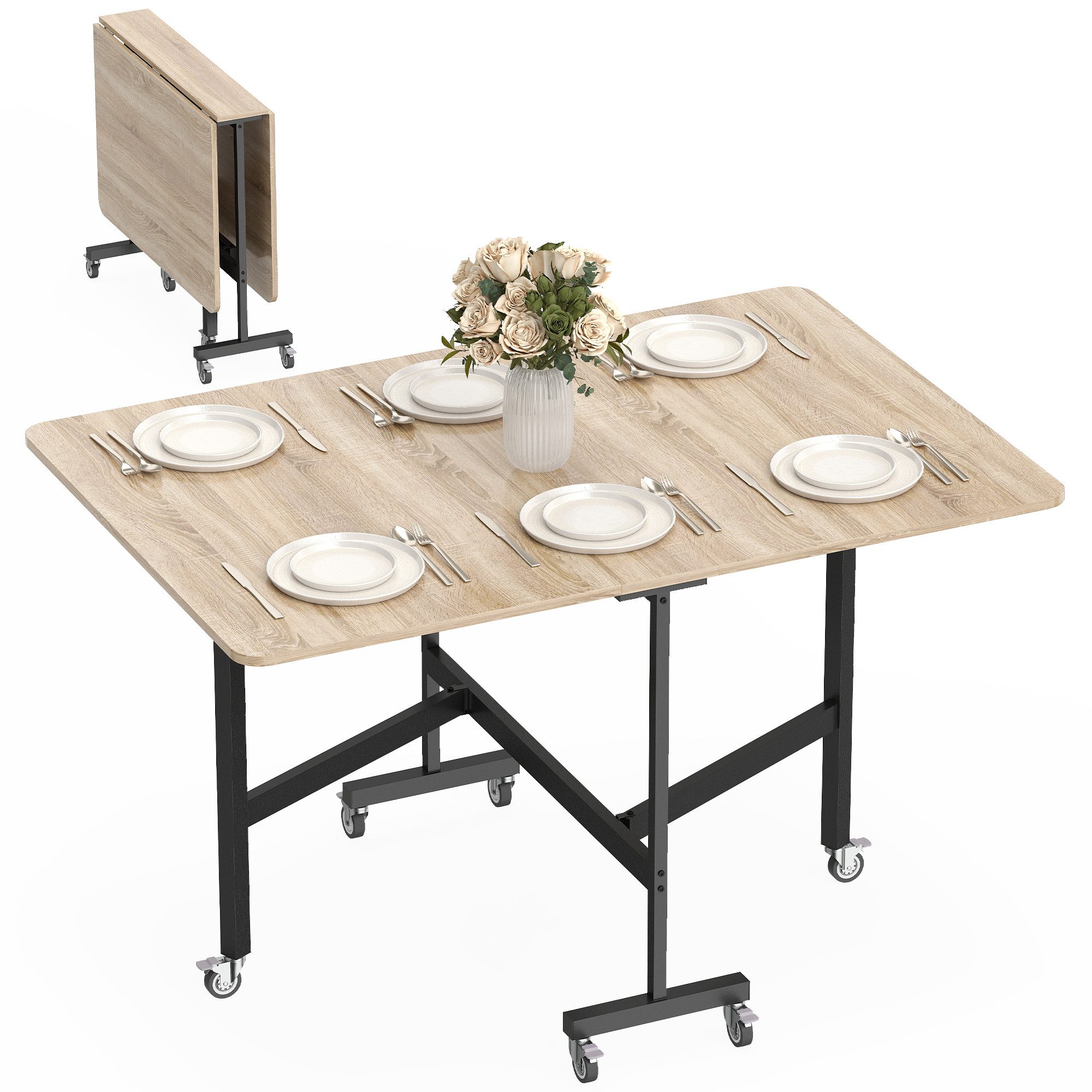 HOMCOM Klapptisch Mobiler Klapptisch (Set, 1-St., 1 Tisch), Platzsparend, klappbar, mit Rollen