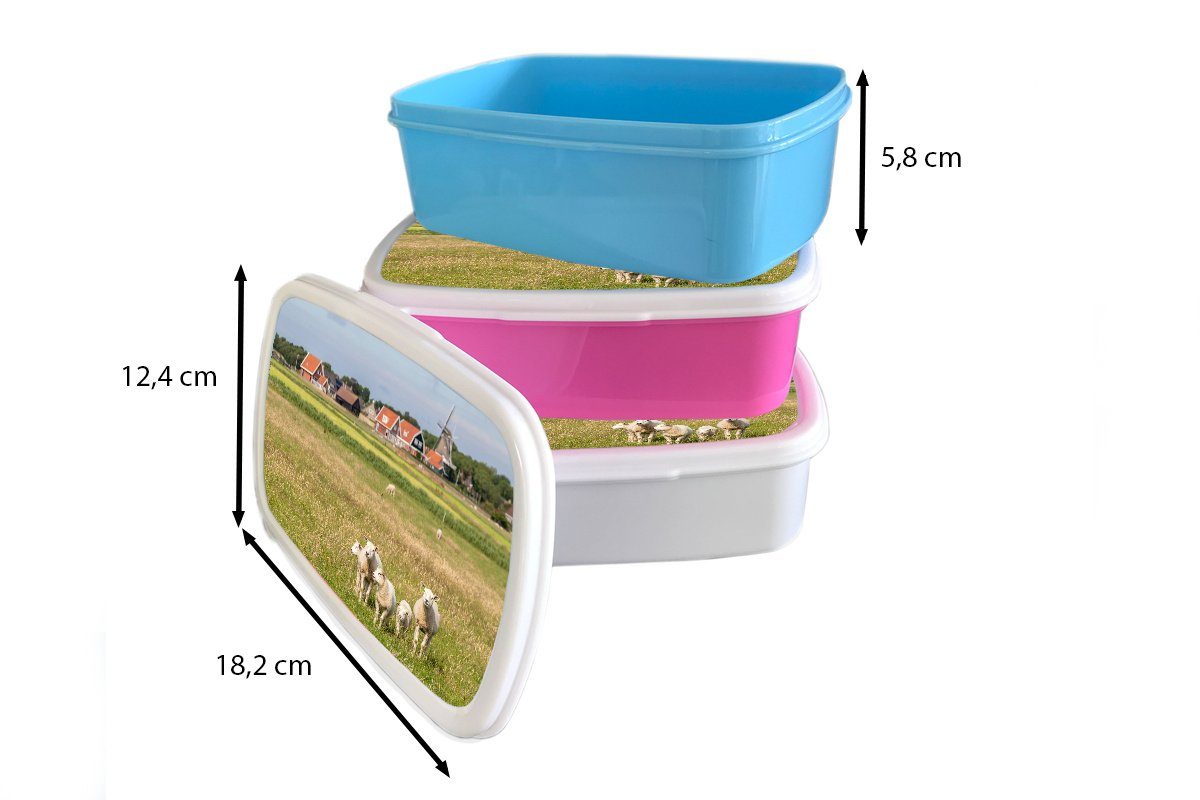 MuchoWow Lunchbox Schafe für Kinder, Mädchen, und Brotbox Erwachsene, Kunststoff (2-tlg), Ameland, Mühle eine Brotdose auf Kunststoff, rosa Snackbox