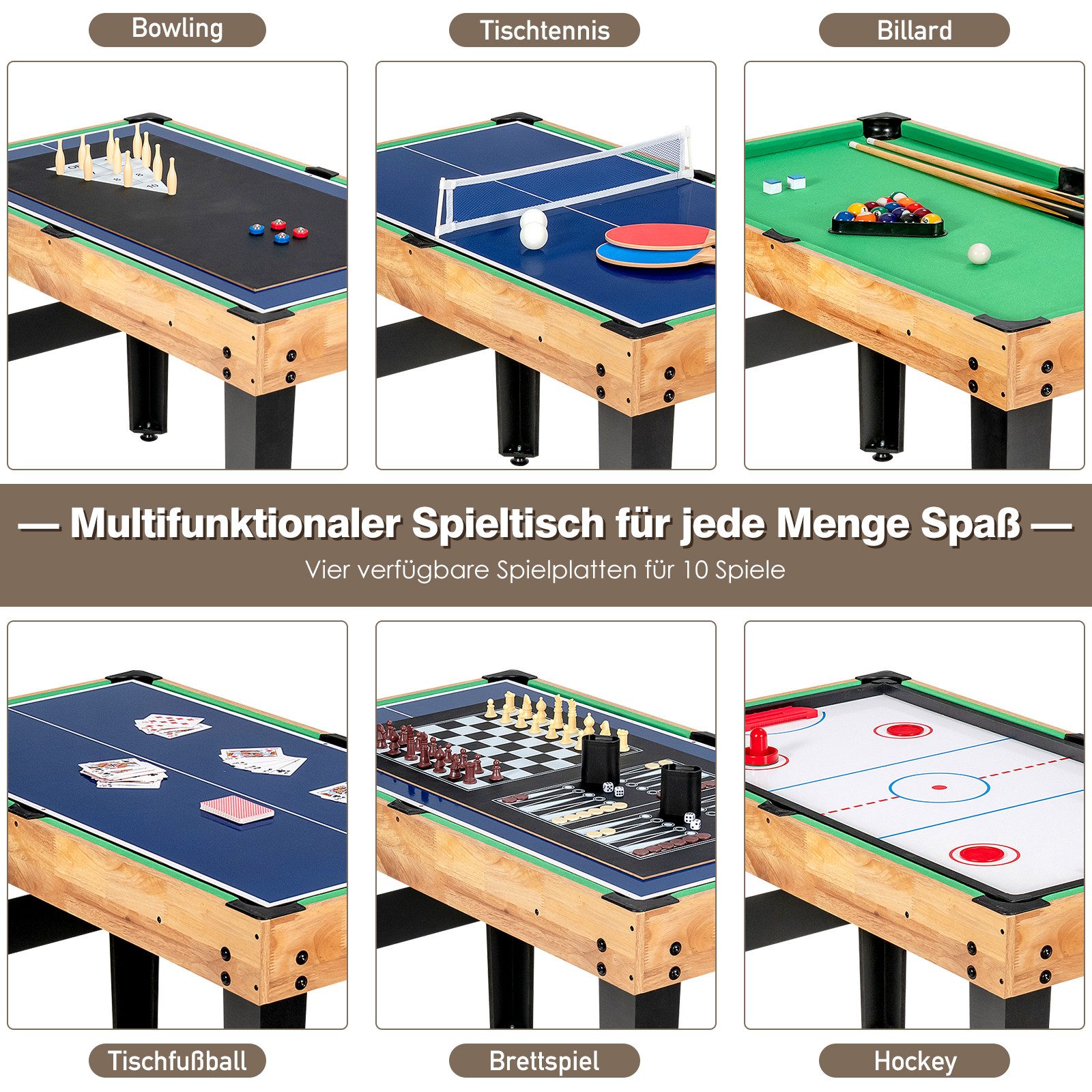 COSTWAY Spieltisch, 10-in-1 Kickertisch, Airhockeytisch, ab 8 Jahren