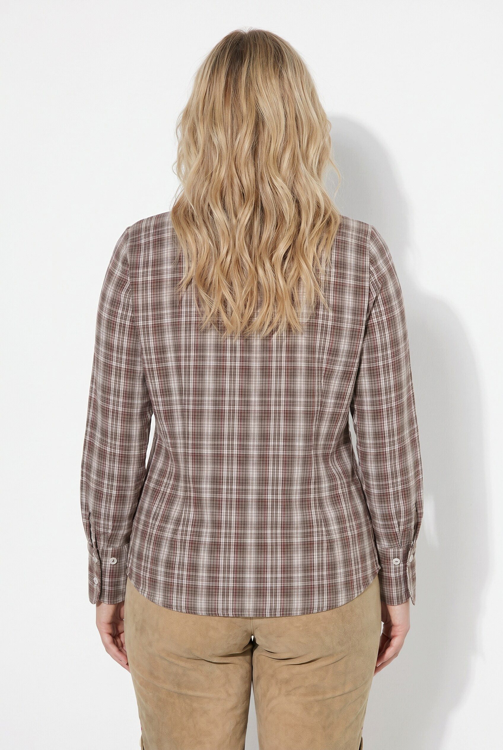 Ulla Popken Longbluse Bluse Karo Kelchkragen V-Ausschnitt Langarm
