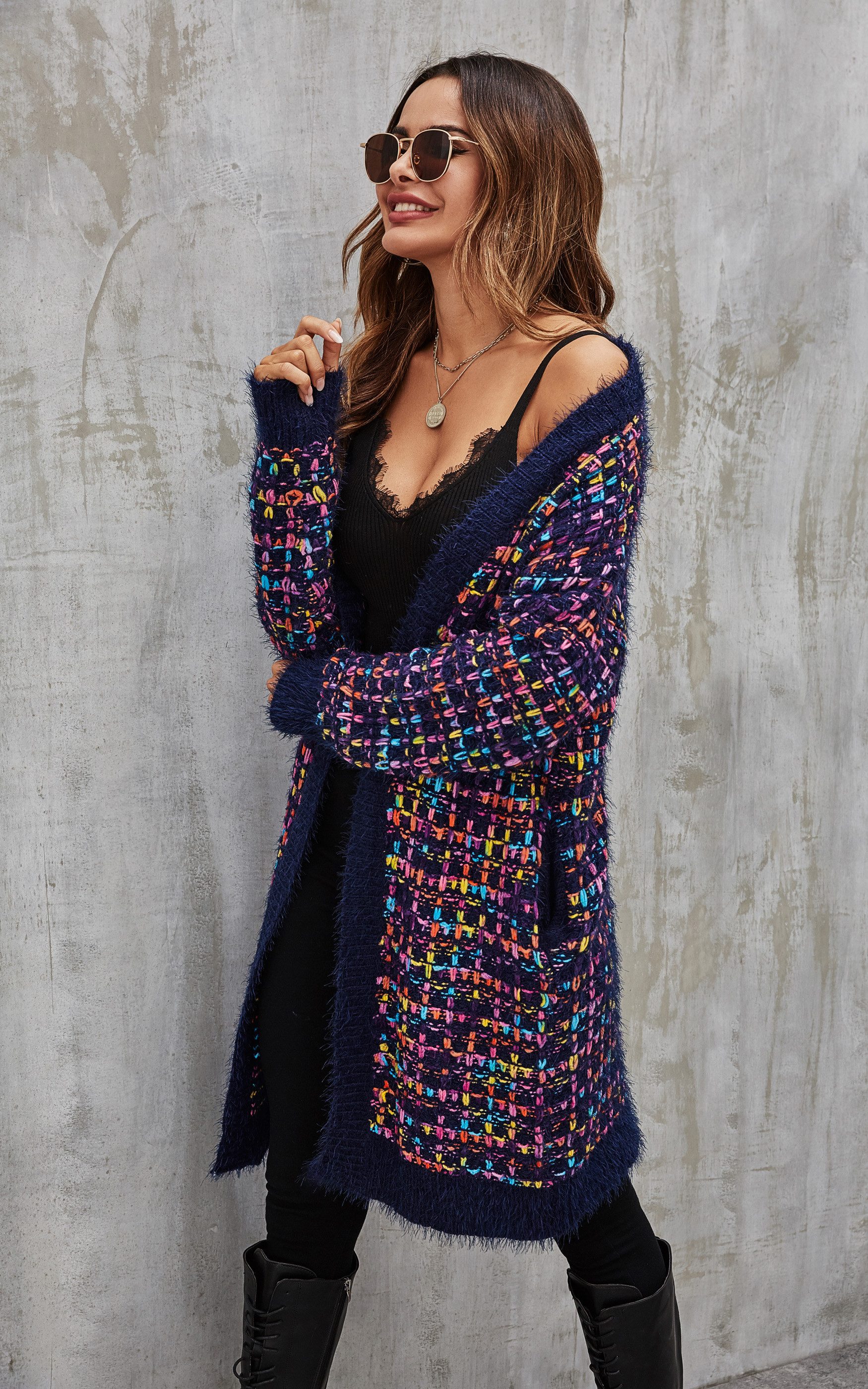 FS Collection Longstrickjacke Bouclé Strickjacke Cardigan mit Karomuster – gemütlicher Stil (Einheitsgröße: UK 8–16 / EU 36–44, 3 Farben : Cremeweiß Bunt, Marineblau Bunt und Braun Bunt) 100 % Acryl