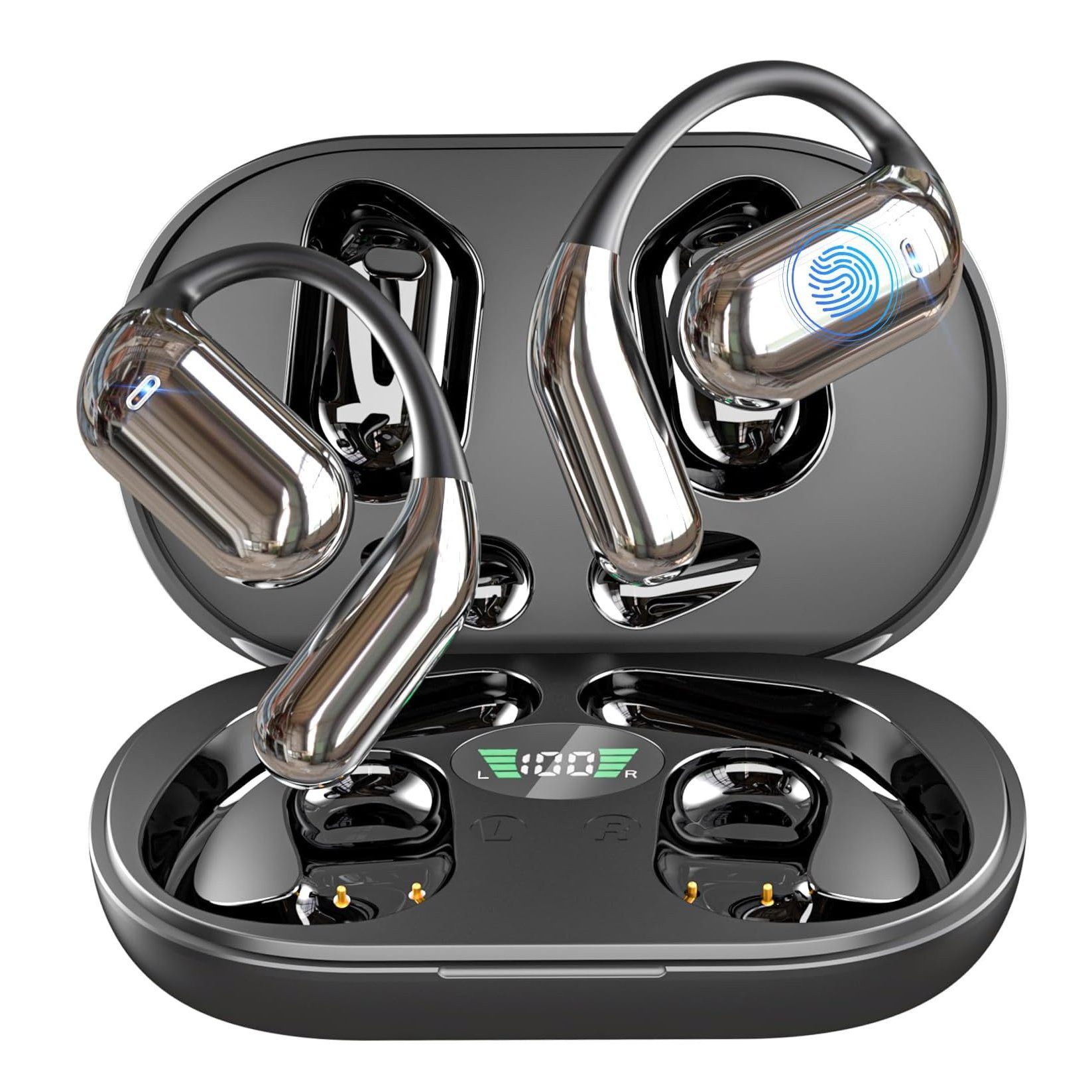 Forrlite Sportkopfhörer, Bluetooth-Ohrhörer Open-Ear-Kopfhörer (Ohrbügel-Kopfhörer, kabelloses Headset, Bluetooth-Sportkopfhörer, 4-Mikrofon-ENC, LED-Ladeanzeige und ergonomische Ohrbügel)
