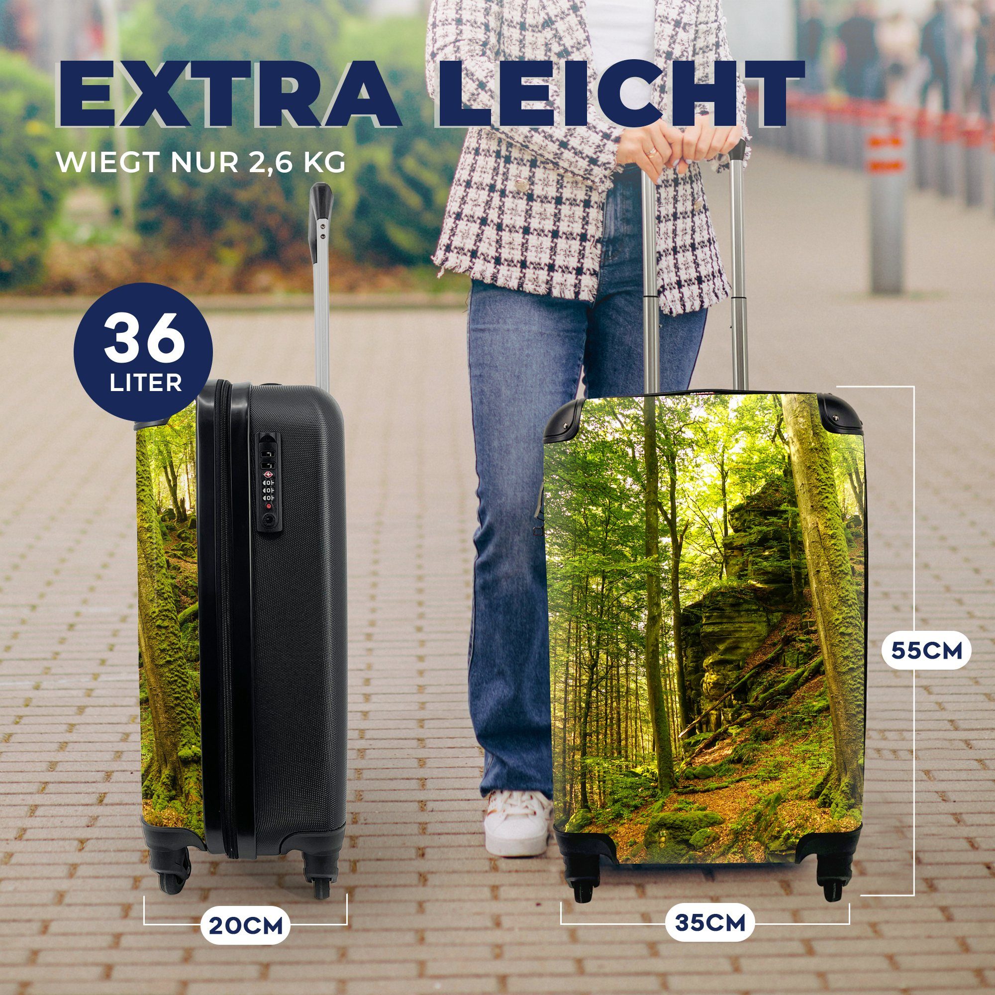 Wald Trolley, - Pflanzen, Handgepäckkoffer Handgepäck 4 Bäume Ferien, MuchoWow mit Reisekoffer für - - - Stein Rollen, rollen, Natur Reisetasche