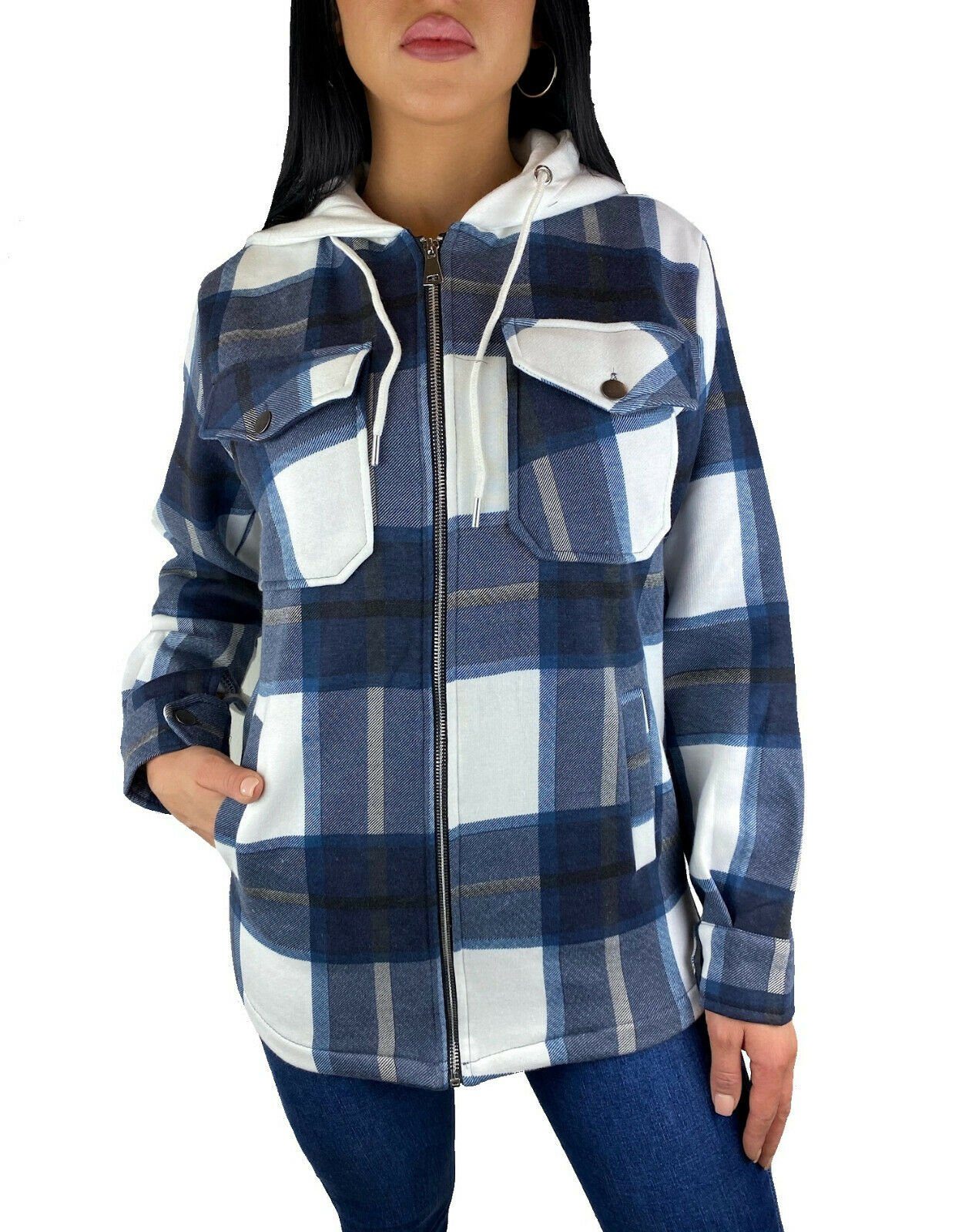 KAPUZE Worldclassca HOLZFÄLLERHEMD XS-XL DAMEN BLOGGER KARIERT Flanellhemd KAROHEMD HEMDJACKE Blau (1-tlg) OVERSIZED MIT Worldclassca HOODIE