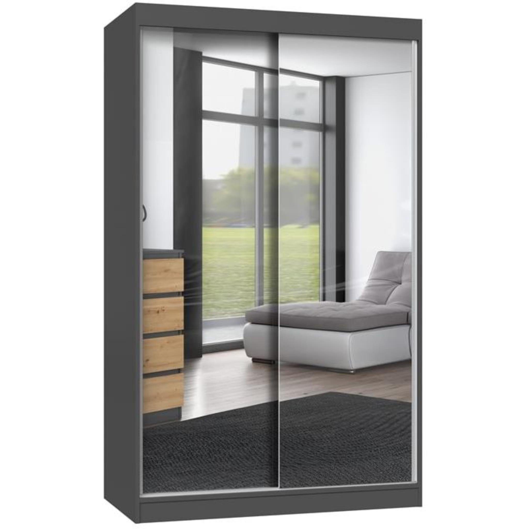 Beautysofa Schiebetürenschrank Luxury (Spiegelschrank Stauraum Kleiderstange, Anthrazit große viele 2 cm, Kleiderschrank mit mit 120 Türen, Breite Spiegel)