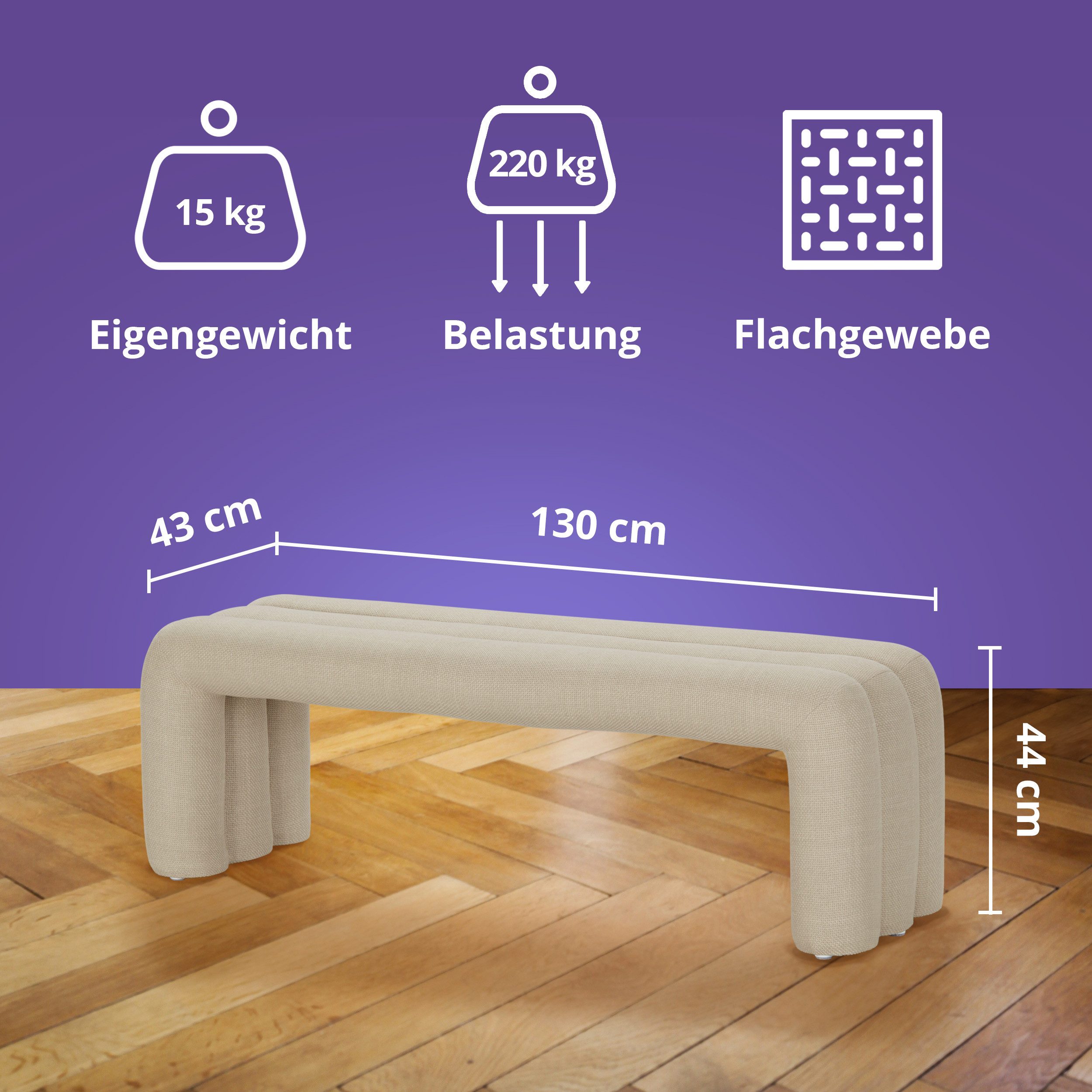 KHG Sitzbank minimalistische Bank 130x43 cm Flachgewebe Beige (Indoor-Bank), Weiches Schaumstoffpolster, Wangengestell bis 220 kg belastbar – Bild 2 von 5