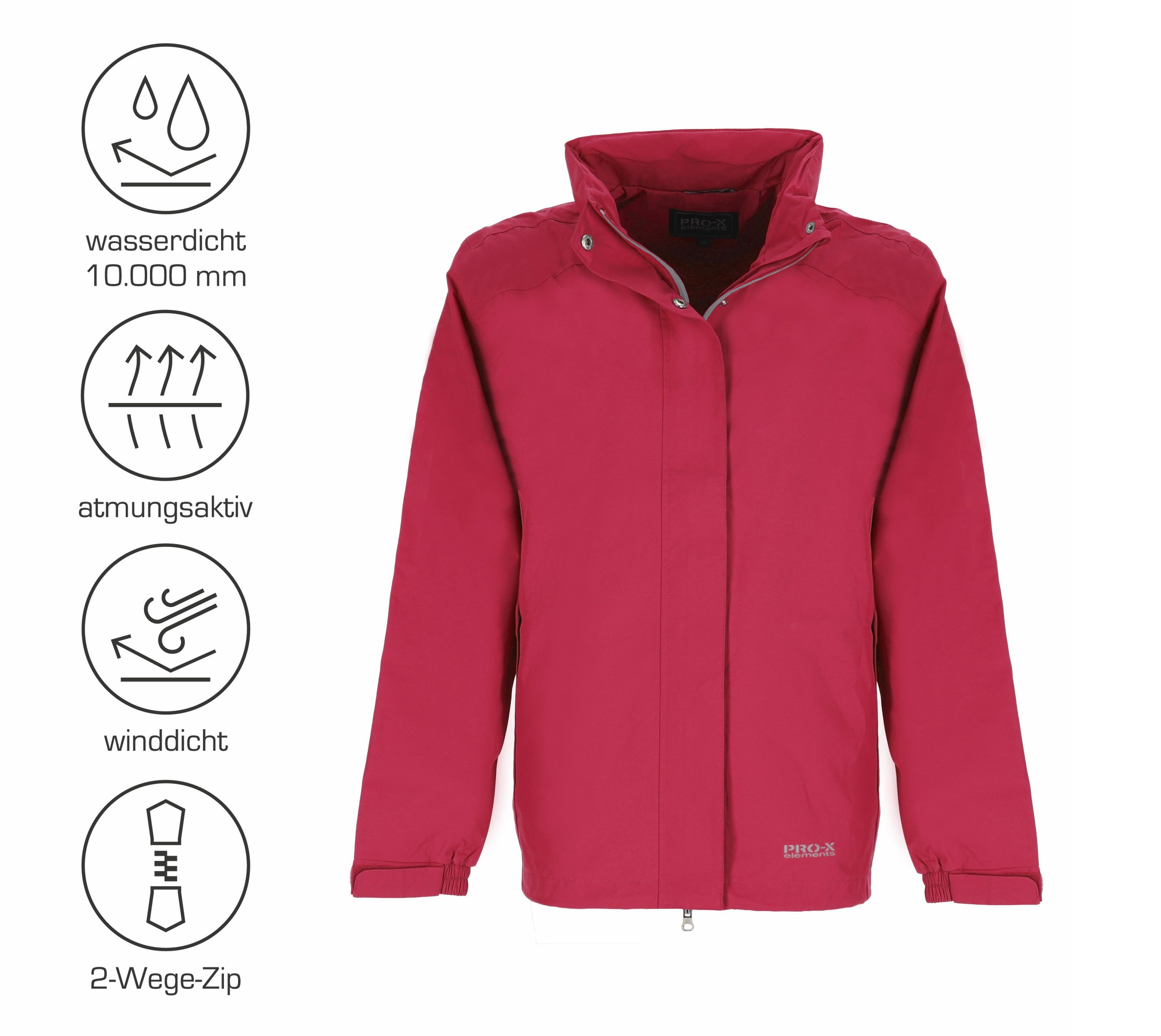 PRO-X ELEMENTS Funktionsjacke CARRIE wasserdicht, atmungsaktiv, im Packsack verstaubar, große Größen Wasserdicht Atmungsaktiv Leicht Im Packsack verstaubar Große Größen