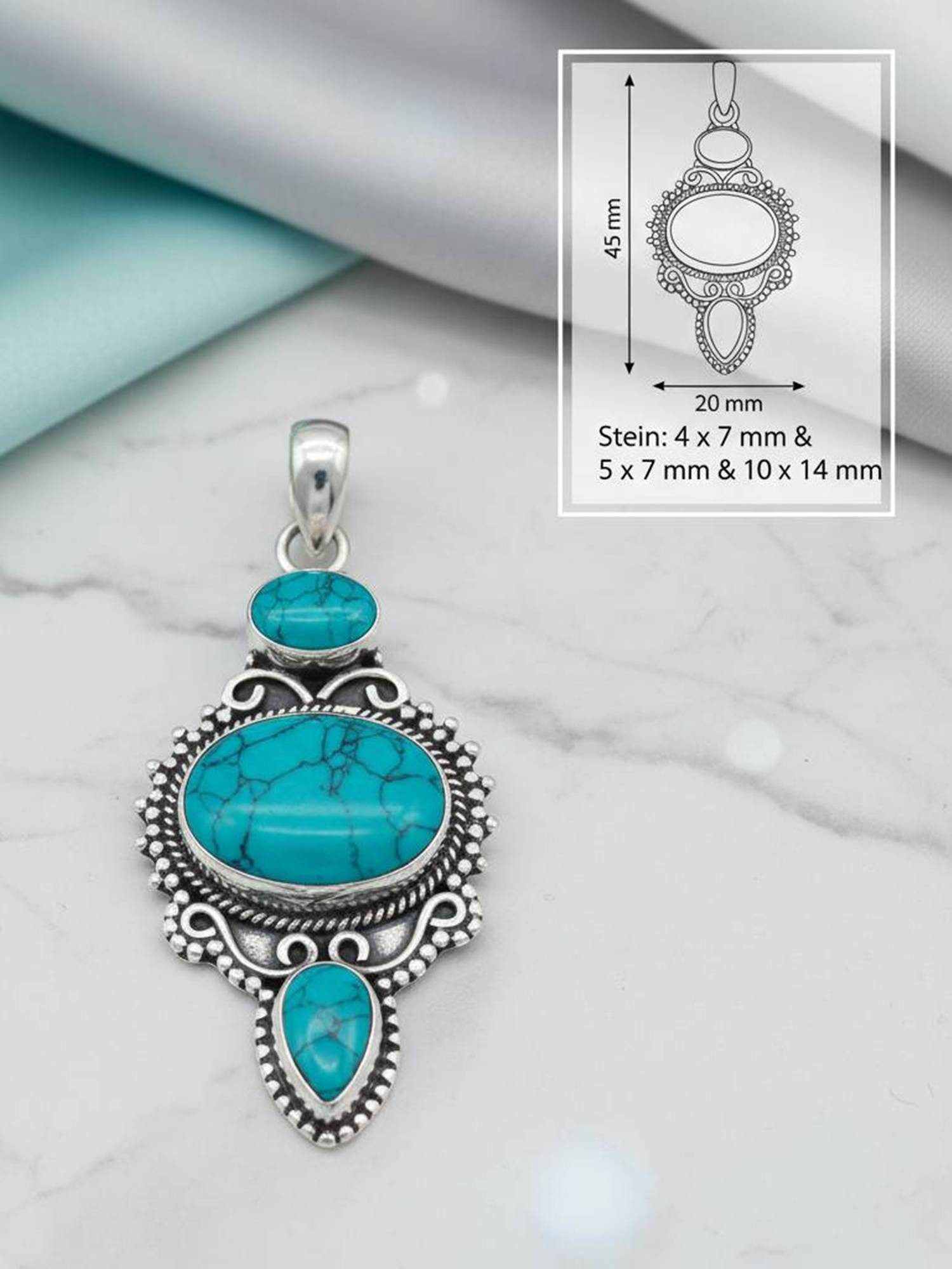 mantraroma Kettenanhänger BURUNG aus 925 Silber mit Türkis (Kettenanhänger am Baumwollband im Schmuckbeutel), 925 Sterling Silber Kettenanhänger für Damen