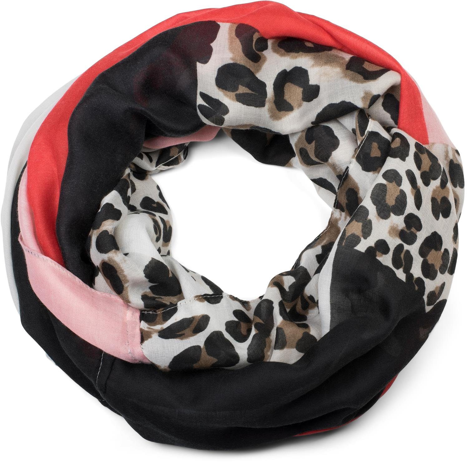 styleBREAKER Loop, (1-St), Colour Blocking Loop Schal mit Leoparden Muster Rot-Rosa
