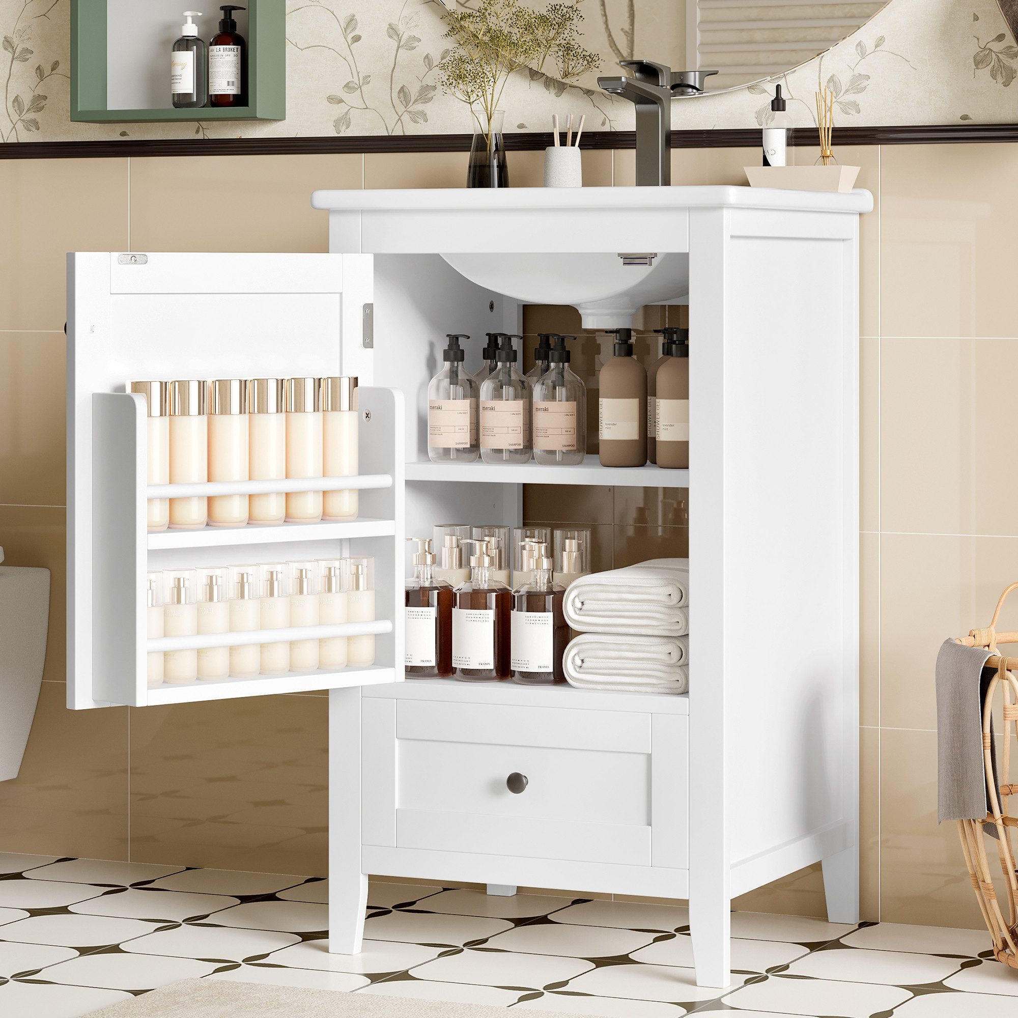 TavilaEcon Waschtisch aus feuchtigkeitsbeständigem MDF, 51×46×85cm, Integrierte Arbeitsplatte mit Überlauf, Weiß mit schwarzen Griffen
