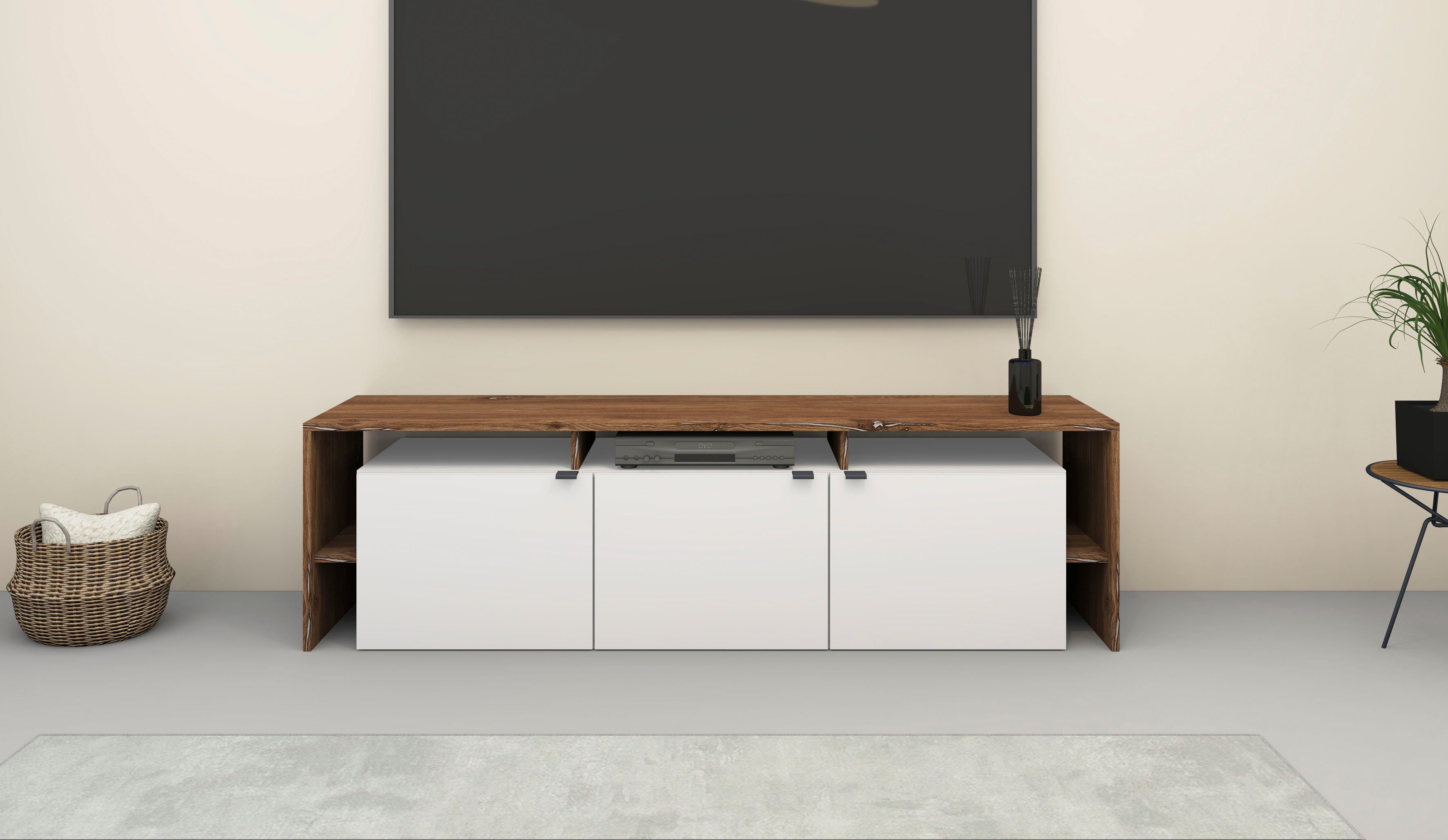 mit weiß Möbel Überbau 159 matt Breite / vintage TV-Schrank | borchardt Sophia eiche cm, weiß