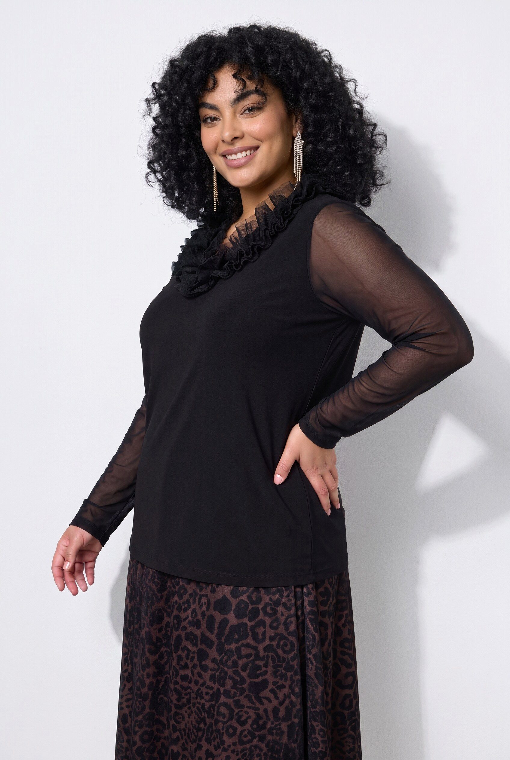 Ulla Popken Longsleeve Shirt Tüll-Rüsche Classic V-Ausschnitt Langarm