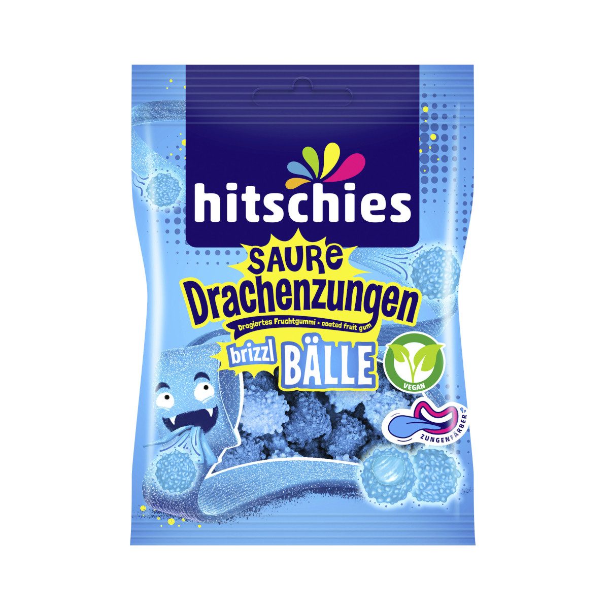 hitschies Süßigkeit, hitschies Saure Drachenzungen brizzl Bälle blau Packung 100g
