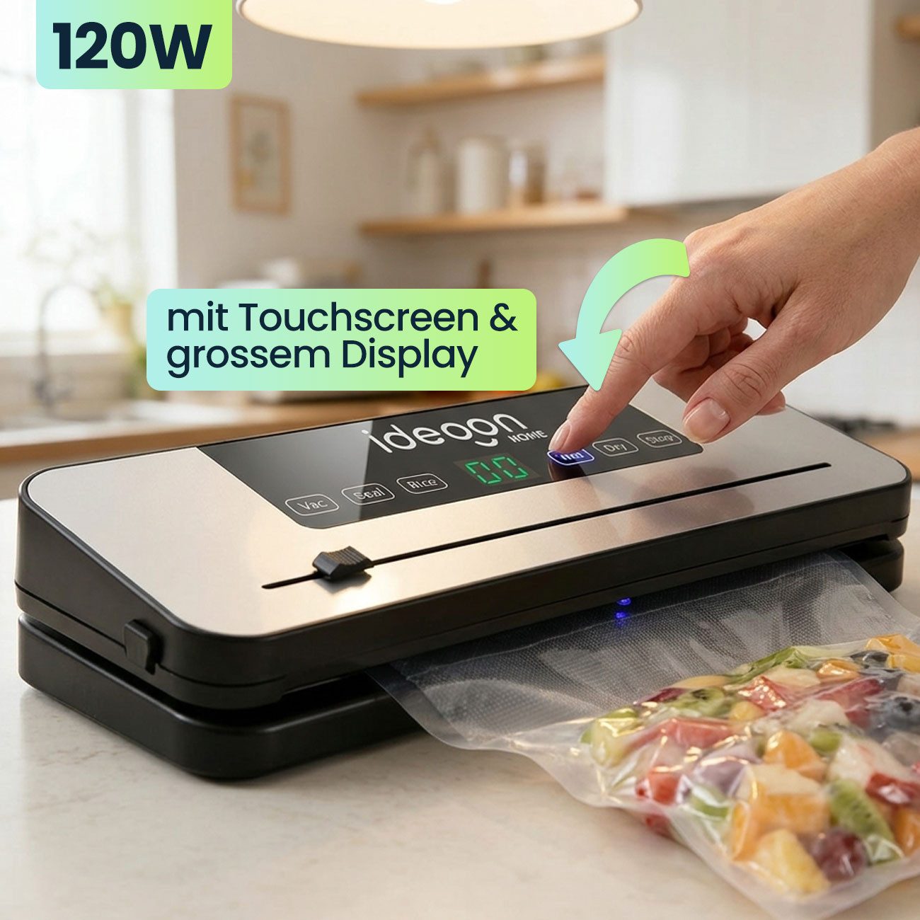shop'n smile ideoon Vakuumierer Vakuumiergerät 120W, 65 kPa, Touch-Display, inkl. 3m Folienrolle, Geeignet für Folienbeutel bis zu 30 cm Breite