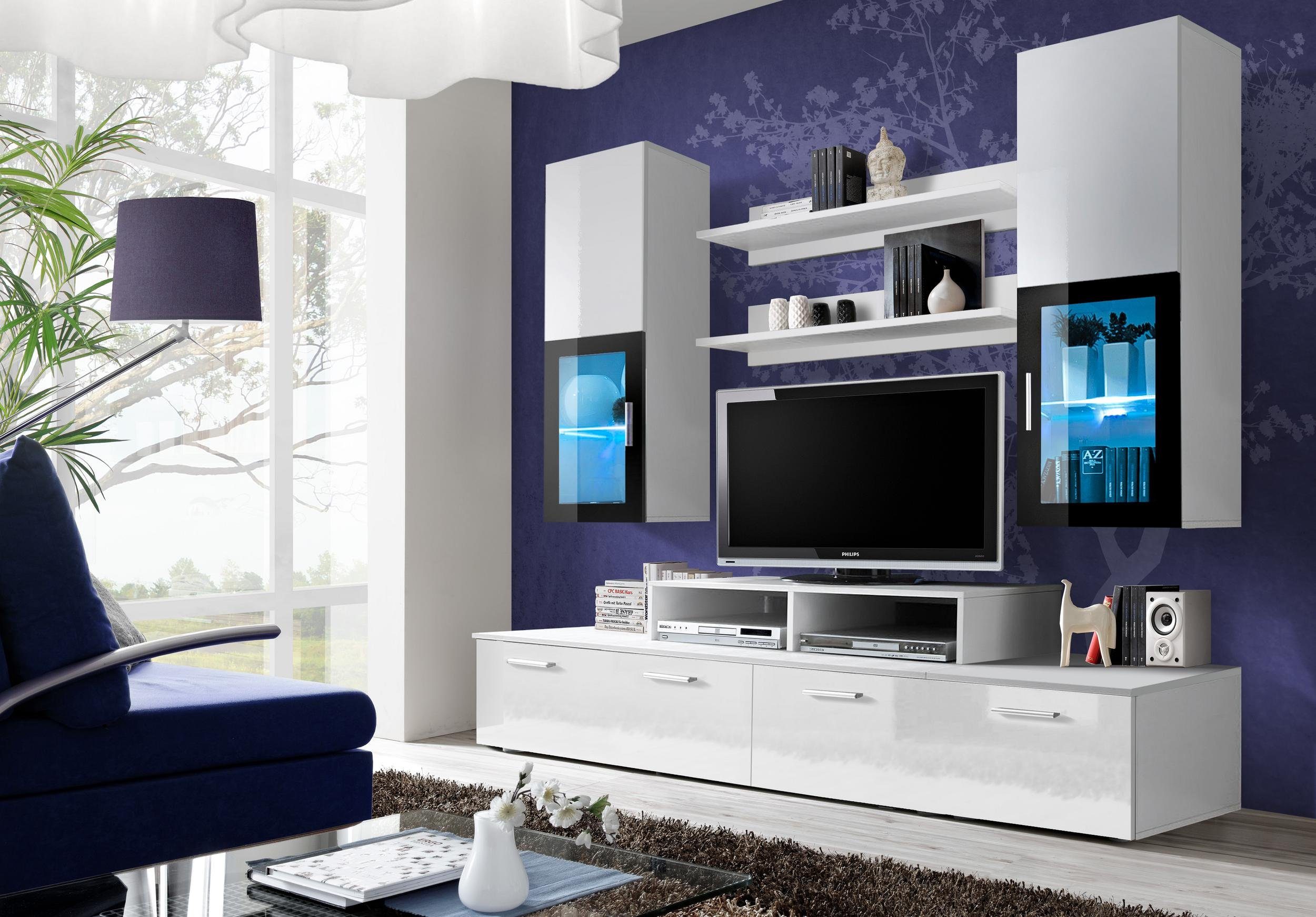 Stylefy Wohnwand 200x275x45 Wohnzimmer-Set, 1xTV (7-St), / cm, (Wohnmöbel, Glaseinsatz, aus variabel Weiß 2xHängevitrine, MOONI Aufsatz, Matt Hochglanz inkl. 2xLowboard, Hochglanz mit hängbar, 2xWandregal, Weiß Set LED-Beleuchtung, bestehend