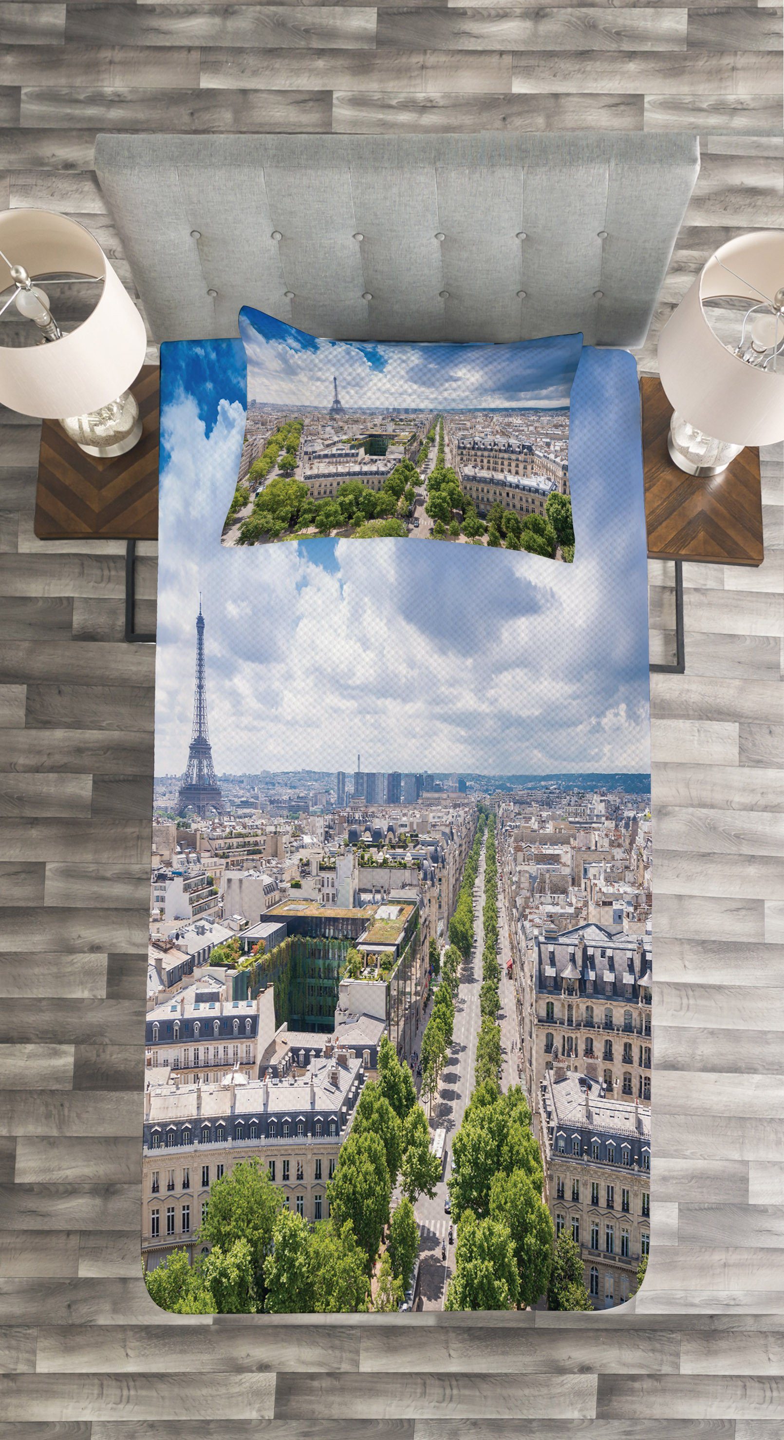 Luftaufnahme Set mit Tagesdecke Kissenbezügen Abakuhaus, Paris Waschbar, Eiffelturm
