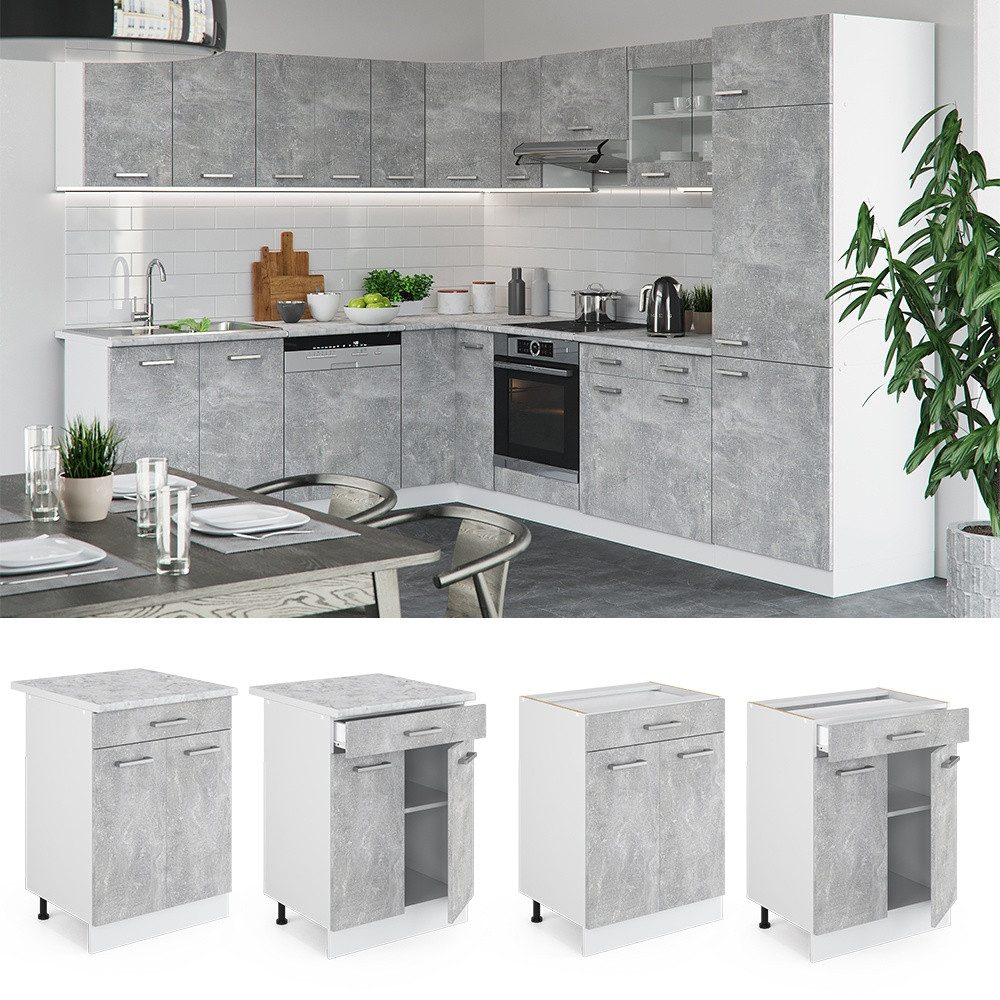 Vicco Unterschrank R-Line, Beton/Weiß, 60 cm mit Schublade, ohne Arbeitsplatte (1-St)
