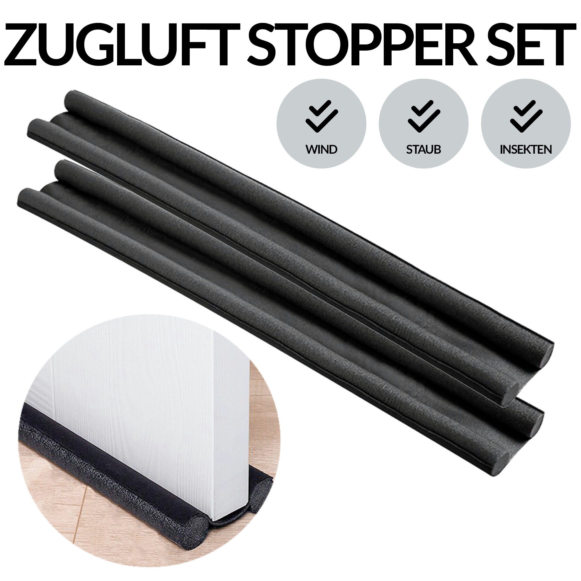 König Design Zugluftstopper Türdichtung Türbodendichtung Zugluft Türisolierung Windstopper, Spar-Set, 2-tlg., Kälte isolierend Schwarz