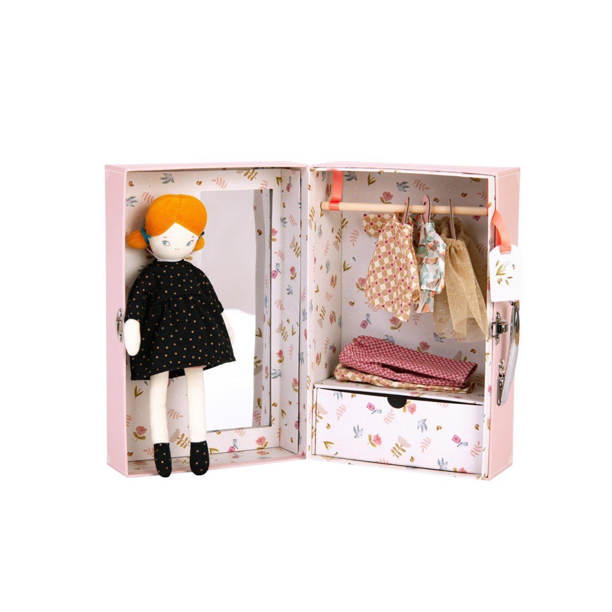 Moulin Roty Puppen Reiseset Kleiner Schrankkoffer les Parisiennes mit Stoffpuppe Koffer 3 Outfits