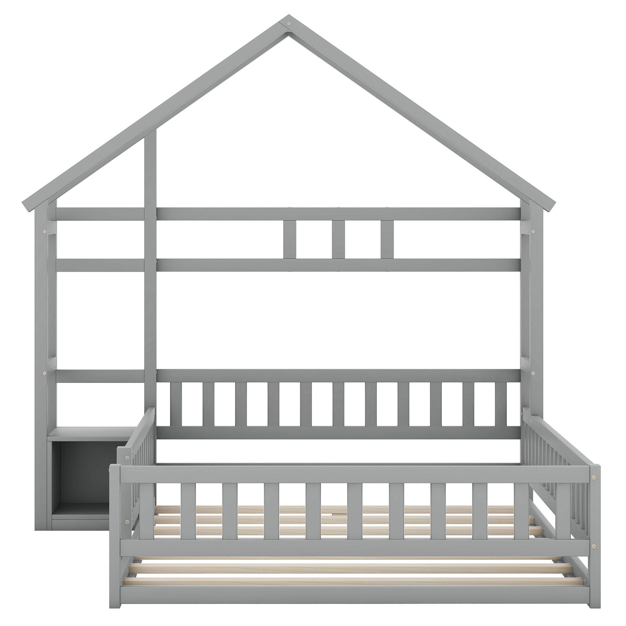 Holzbett, und Kinderbett Hausbett Rausfallschutz, Grau 140x200 Merax Nachttisch mit cm,