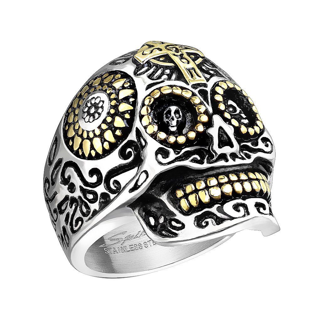 Taffstyle Fingerring Herren Biker Ring Totenkopf Dia De Los Muertos, Edelstahl Massiv Breit Herrenring Männer Biker Rocker Totenschädel