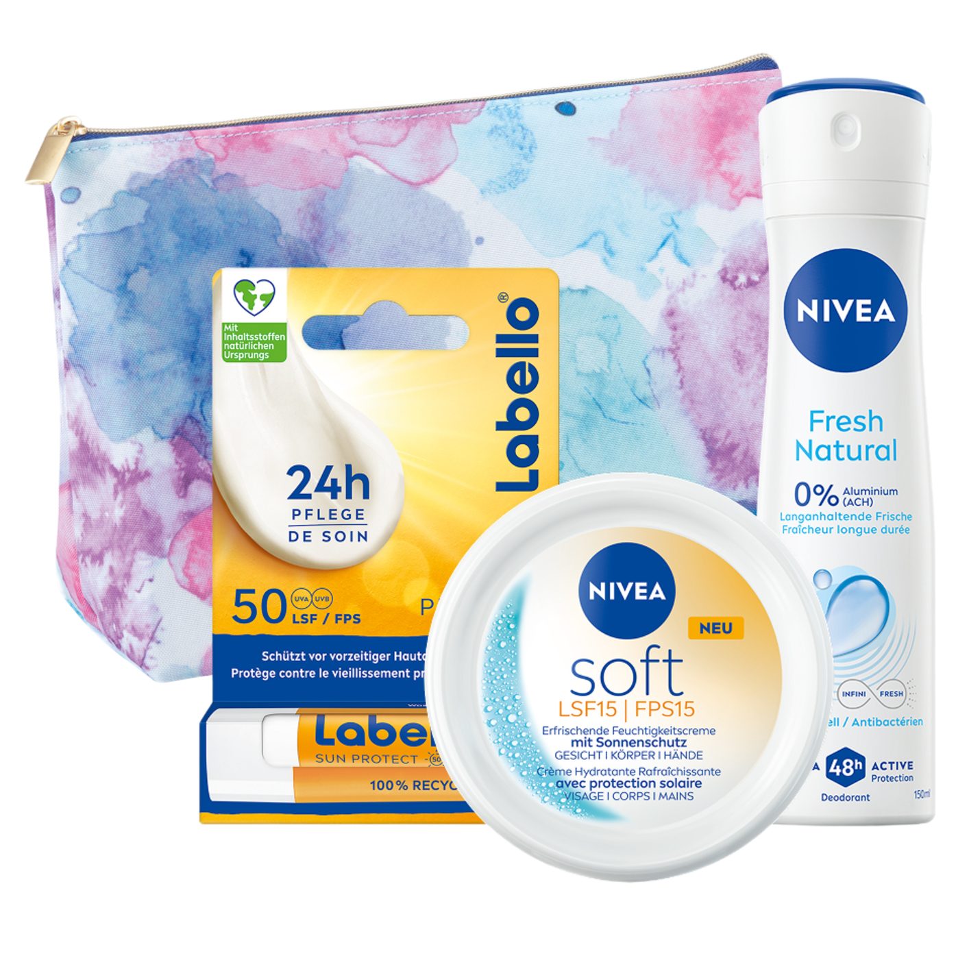 Nivea Feuchtigkeitspflege-Set Soft Festival SET Feuchtigkeitscreme Lippenpflege Deo Tasche Set, 4-tlg., Jojobaöl Sheabutter Shea Macadamia Öl