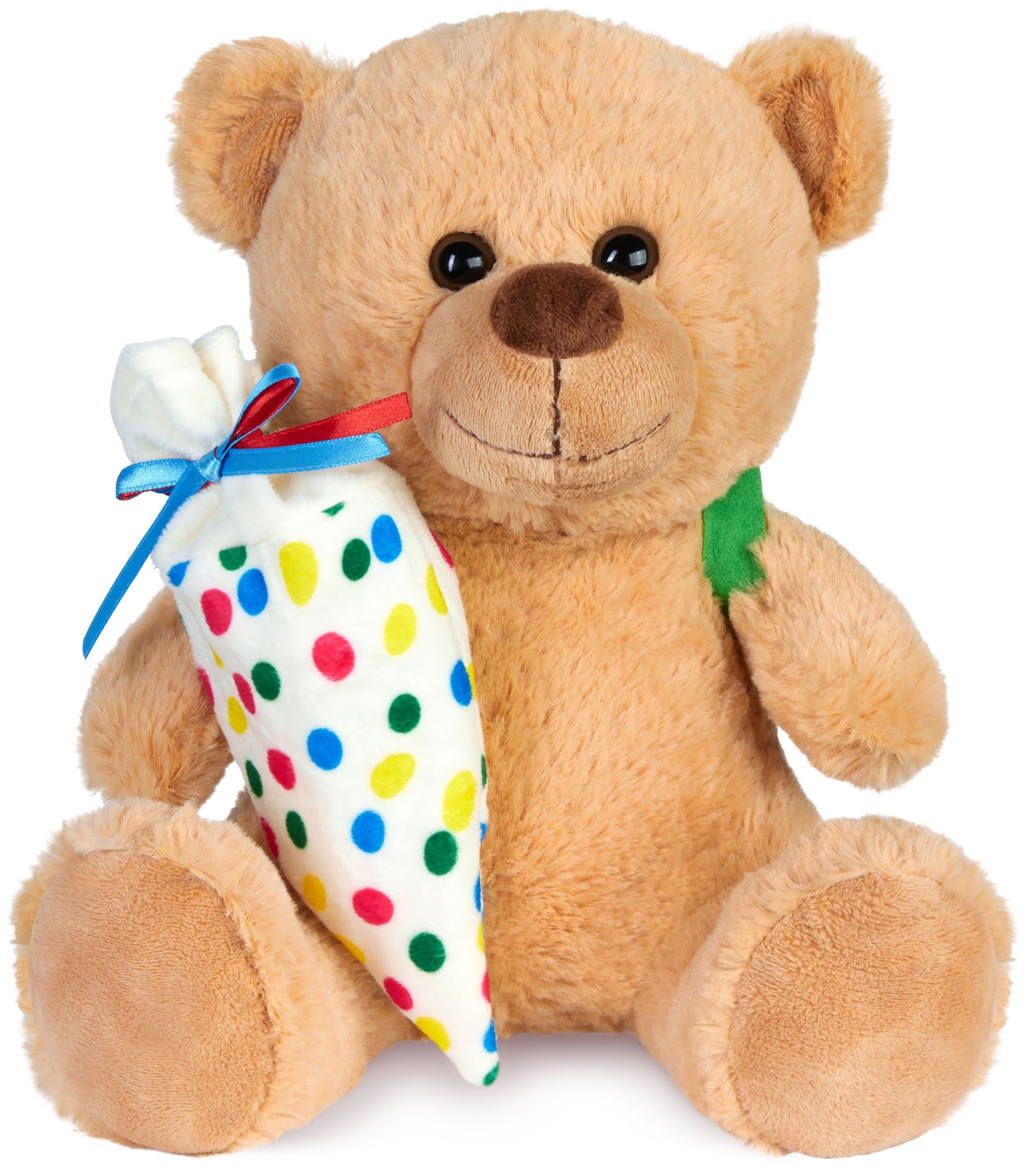 BRUBAKER Kuscheltier Teddybär mit Schulranzen und Schultüte zum Befüllen Bunt - 25 cm Teddy (Plüschbär für Einschulung Schulanfang Schule, 1-St., Geschenk-Set), Plüschteddy mit Rucksack - Schmusetier Stofftier