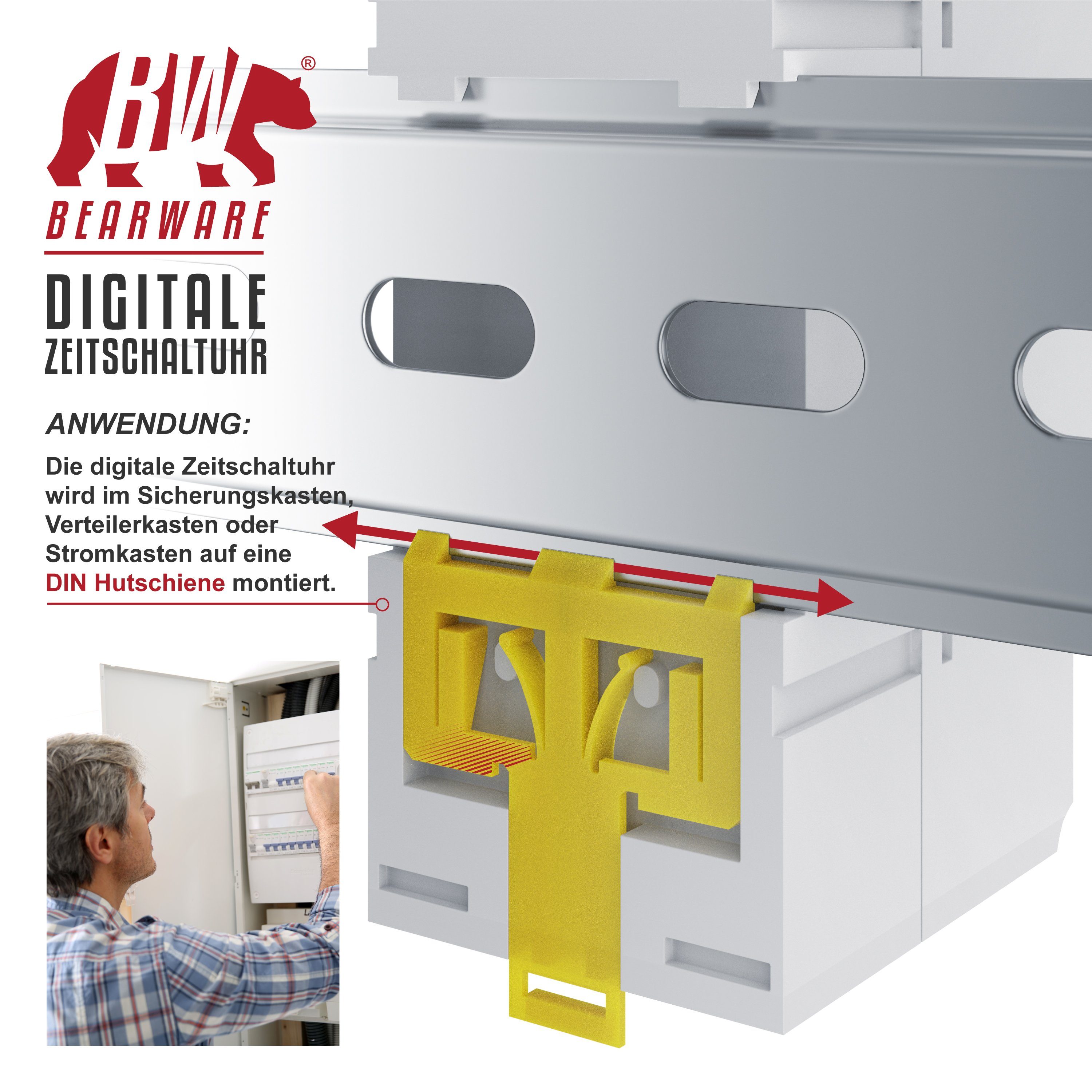 BEARWARE Zeitschaltuhr, digital für DIN Hutschienen im Verteilerschrank Schalttafeln 16A/3650W