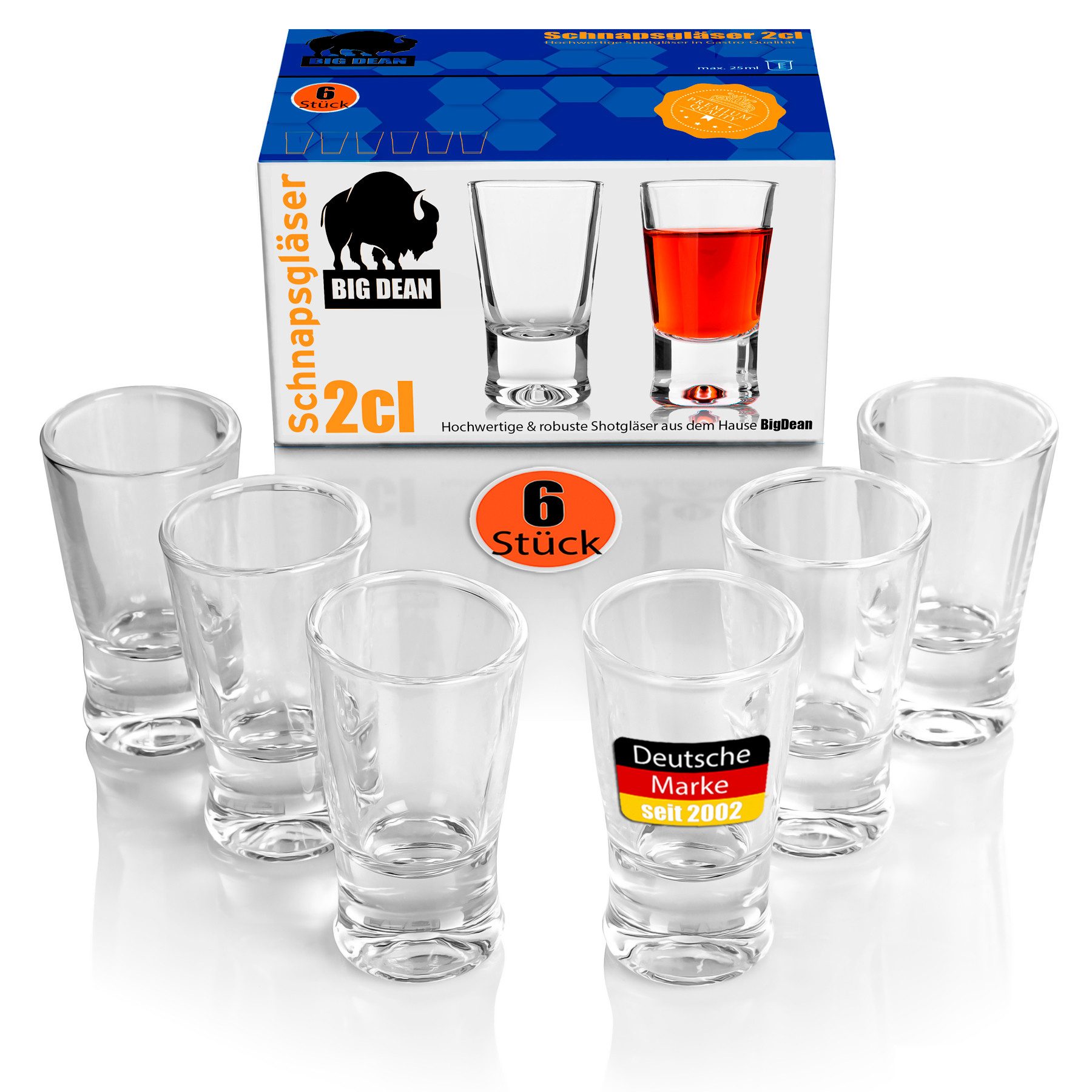 BigDean Schnapsglas 6 Stück Shotgläser 2cl in Geschenkbox spülmaschinenfest, Glas