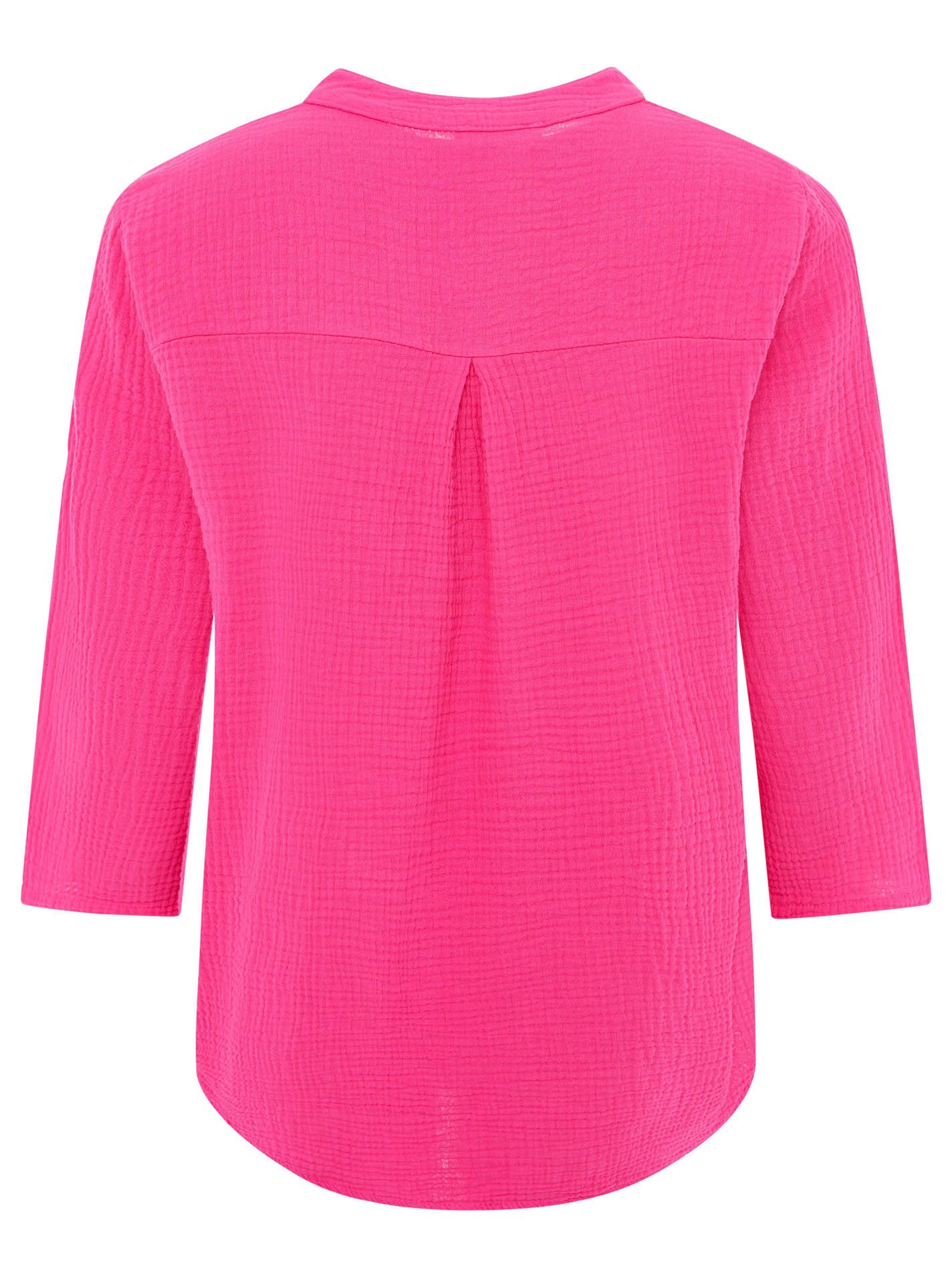 Zwillingsherz Schlupfbluse "Neon Kante" Musselin, eingefasster V-Neck in Neon, 3/4 Arm, hinten leicht länger – Bild 4 von 5
