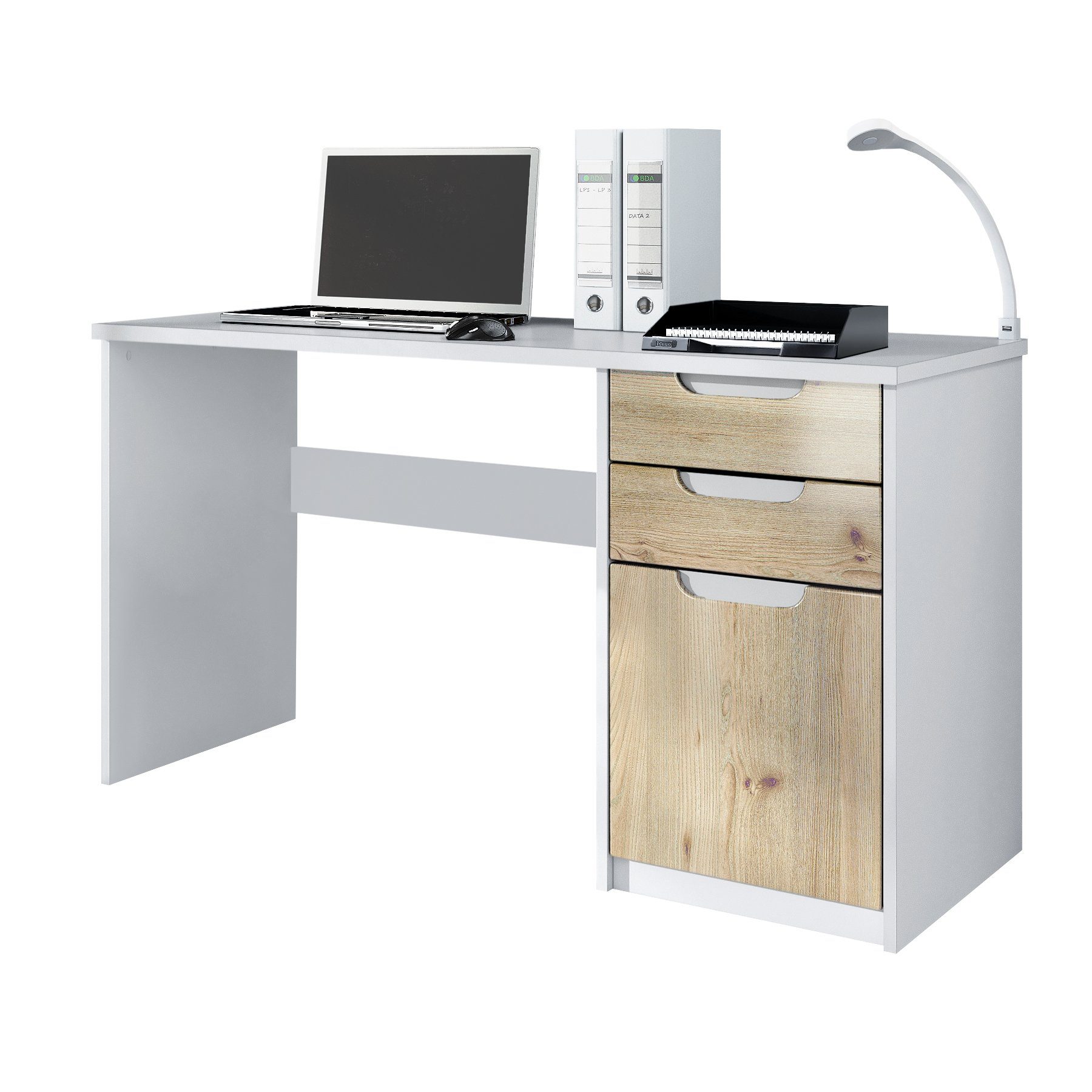 Vladon Schreibtisch Logan (Bürotisch, mit 2 Schubladen und 1 Tür), Weiß matt/Eiche Nordic (129 x 76 x 60 cm)