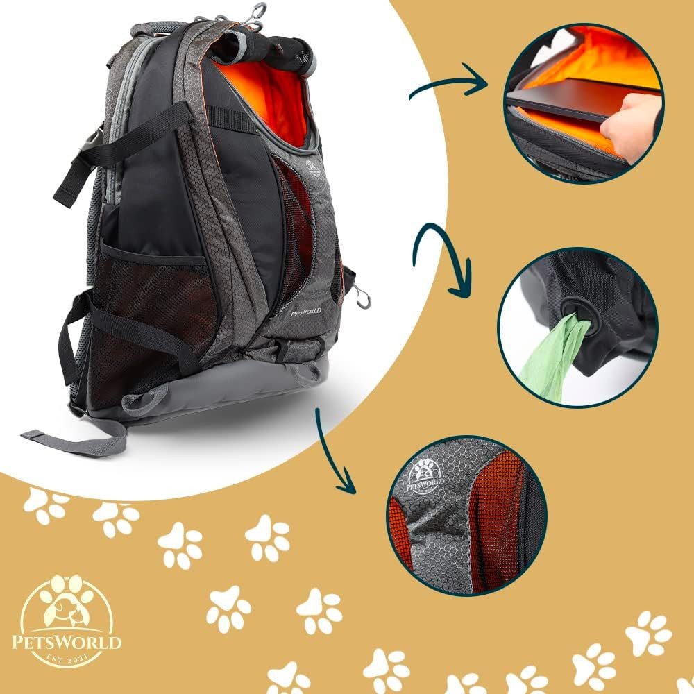 PETSWORLD EST 2021 Hunde-Transportbox Hunderucksack für Hunde bis 10 kg, flugtauglich & komfortabel, Mit Kotbeutelspender, Wassernapf & Laptopfach sicher unterwegs