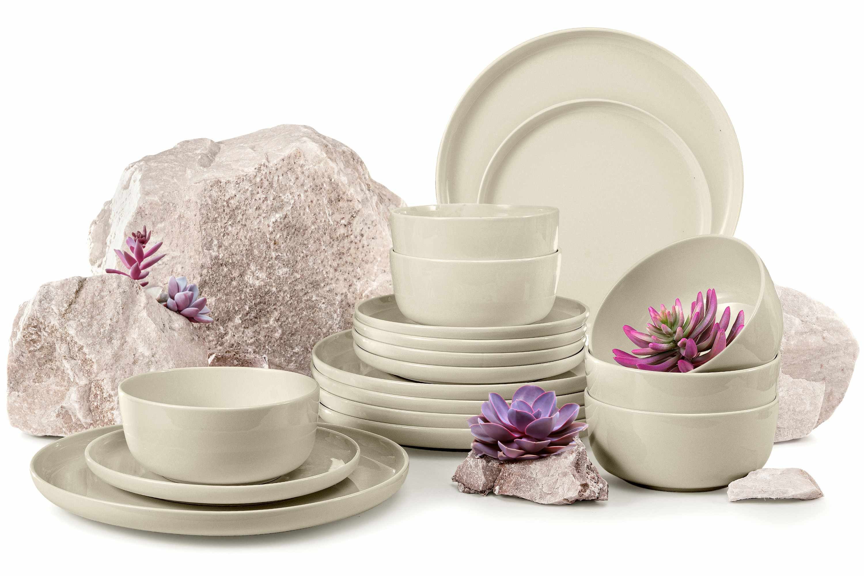 KONSIMO® Tafelservice VICTO Geschirrset hergestellt in der EU (18-tlg), 6 Personen, Steingut, glänzend, spülmaschinengeeignet, mikrowellengeeignet
