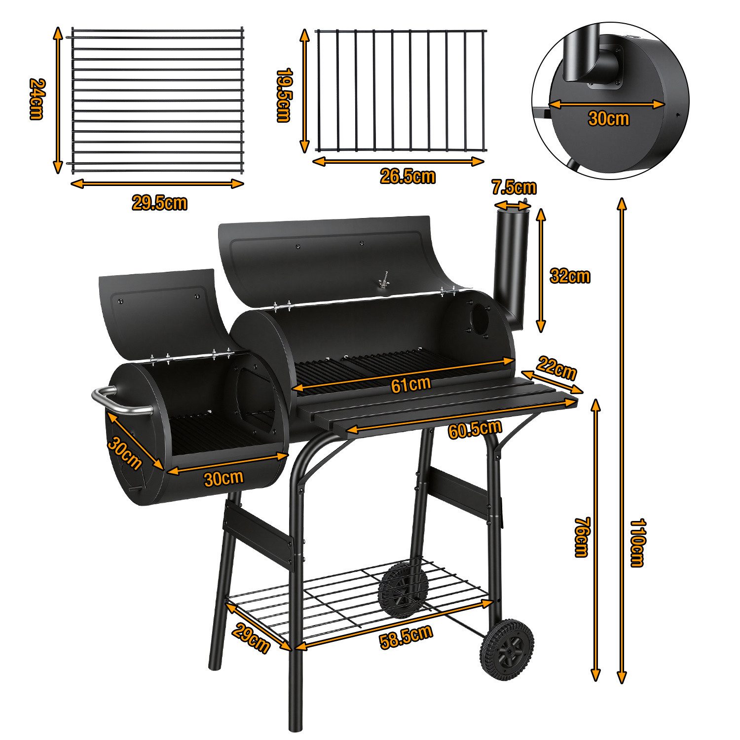 Clanmacy Holzkohlegrill Smoker Holzkohlegrill mit 2 Rädern und Temperaturanzeige