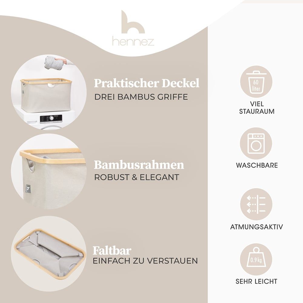 HENNEZ Wäschekorb Faltbarer Wäschekorb Grau 60L aus Bambus, Klappbarer Flac günstig online kaufen