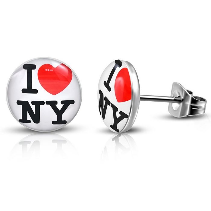 BUNGSA Ohrring-Set Ohrstecker rund I LOVE NY 10mm Silber aus Edelstahl Damen (1 Paar (2 Stück) 2-tlg) Ohrschmuck Ohrringe