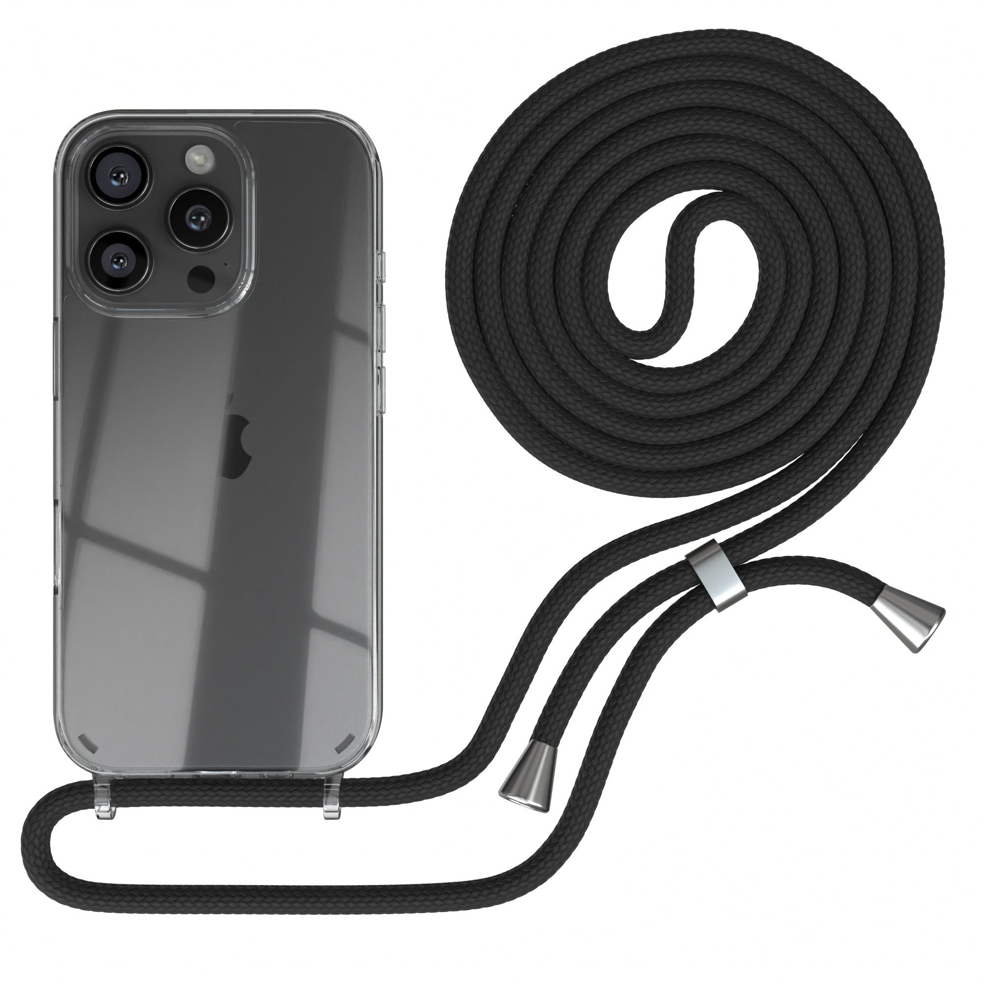 EAZY CASE Handykette Hülle mit Kette für Apple iPhone 16 Pro 6,3 Zoll, Handykette Hülle mit Band Slimcover Schutzhülle Schwarz Clips Silber