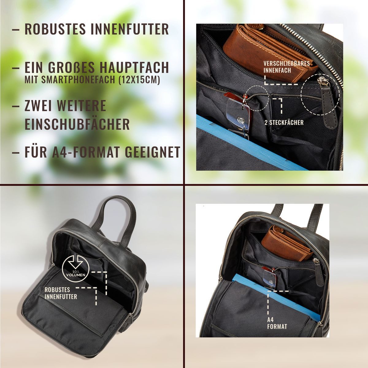Corno d´Oro Cityrucksack Handmade Rucksack Damen Echt Leder Vintage Schwarz, Elegant, für 14 Zoll Laptop geeignet