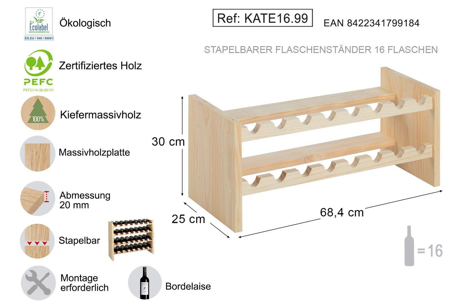 Astigarraga Kit Line Weinregal Flaschenregal Weinregal Weinständer, für 16 Flaschen, platzsparend, liegend lagern