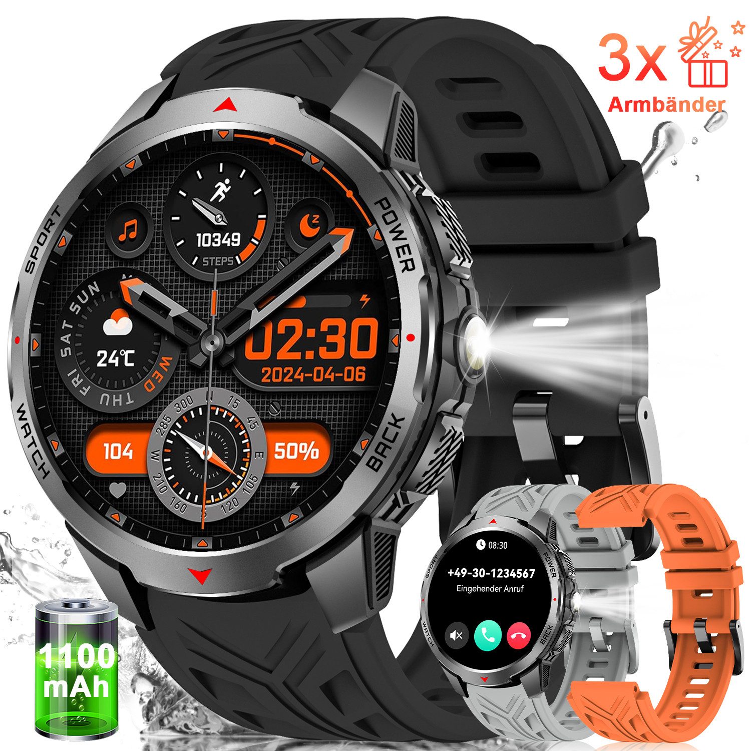 BANLVS 2025 Smartwatch Herren Militär mit Telefonfunktion, Fitnessuhr Herren Smartwatch (1,7 Zoll) AMOLED 1100mAh Akku Sportuhr Herren mit Großes Display/3 Armbänder, 100+ Sportmodi/Herzfrequenz-/Blutdruck-/SpO2-/Schlafüberwachung, Taschenlampe/Kompass/IP68 Wasserdicht, Schrittzähler für Android iOS