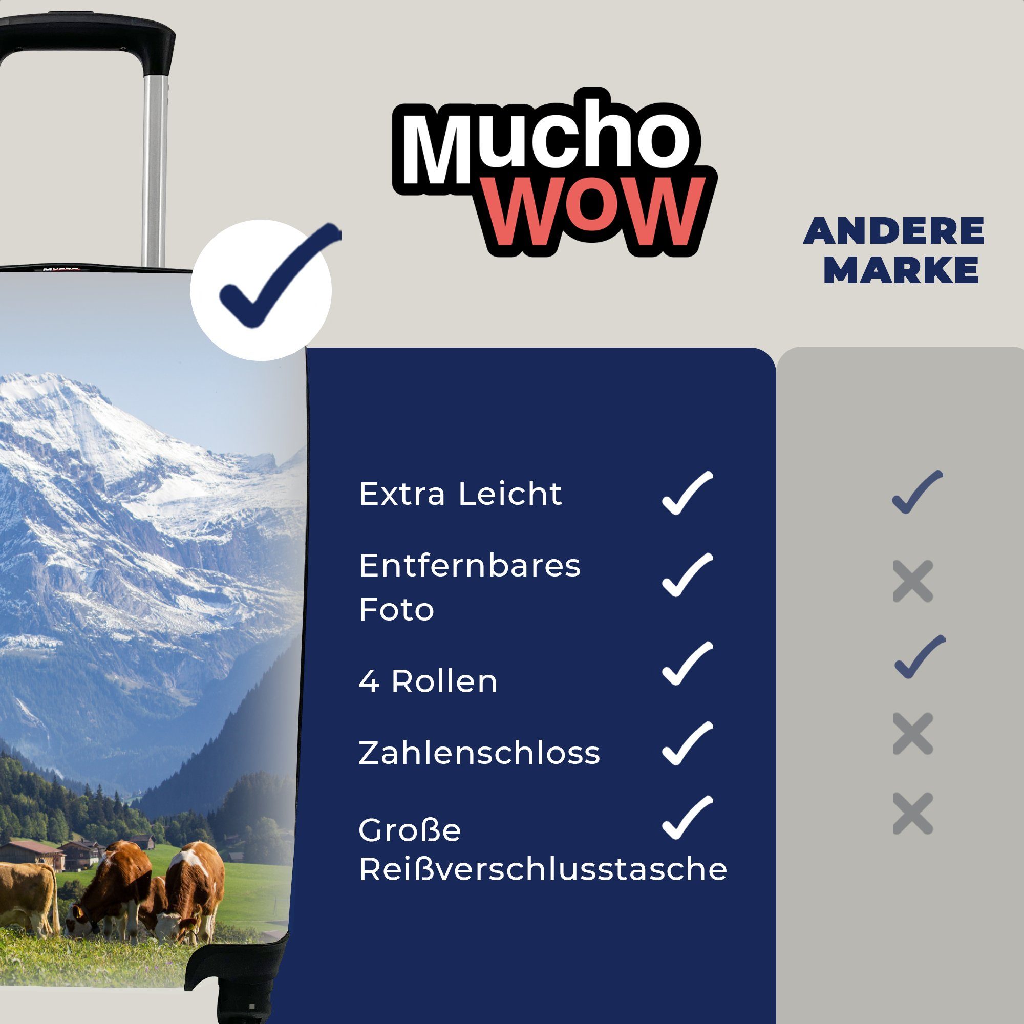 MuchoWow rollen, Reisetasche die für Alpen, Reisekoffer mit Kühe für Rollen, 4 Handgepäckkoffer Trolley, Ferien, Handgepäck