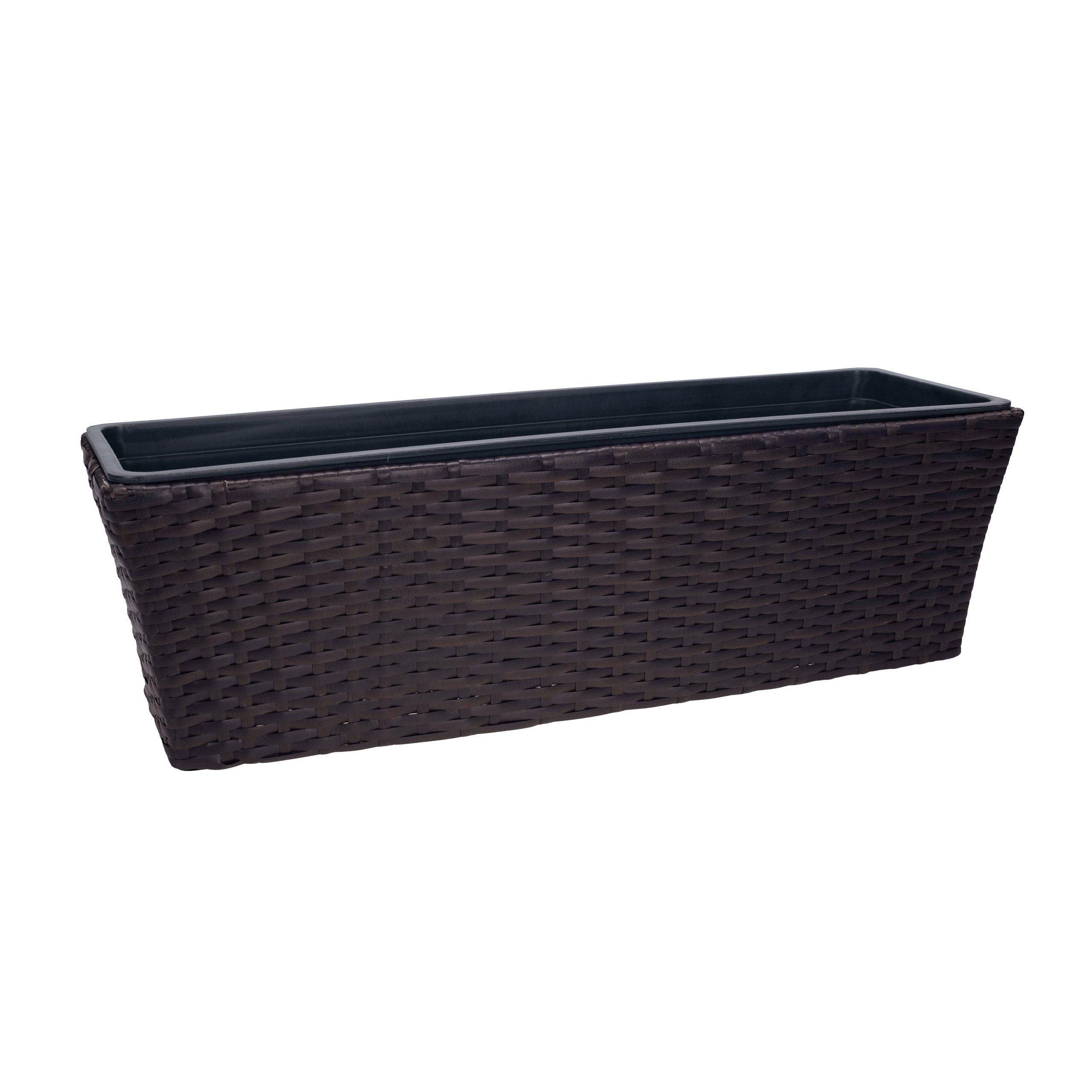kamelshopping Balkonkasten Balkonkasten mit Halterung in Rattan-Optik, ca. 60 cm breit (1 St), ca. 11 Liter Fassungsvolumen, ohne Wasserspeicher, inkl. Pflanzschale