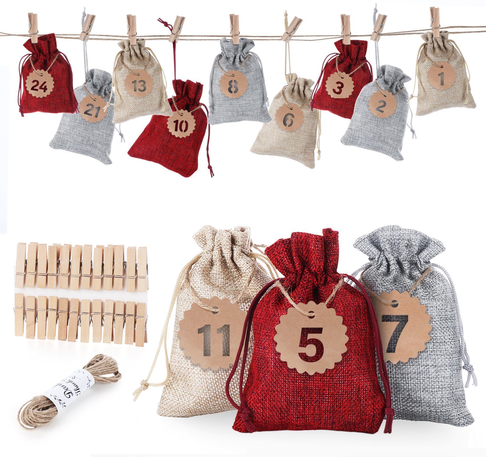 ElitVita Christbaumschmuck Adventskalender DIY Weihnachten Geschenksäckchen Stoffbeutel (24-tlg), 24 Zahlen Anhänger+ 24 Holz-Clips + 10m Schnur